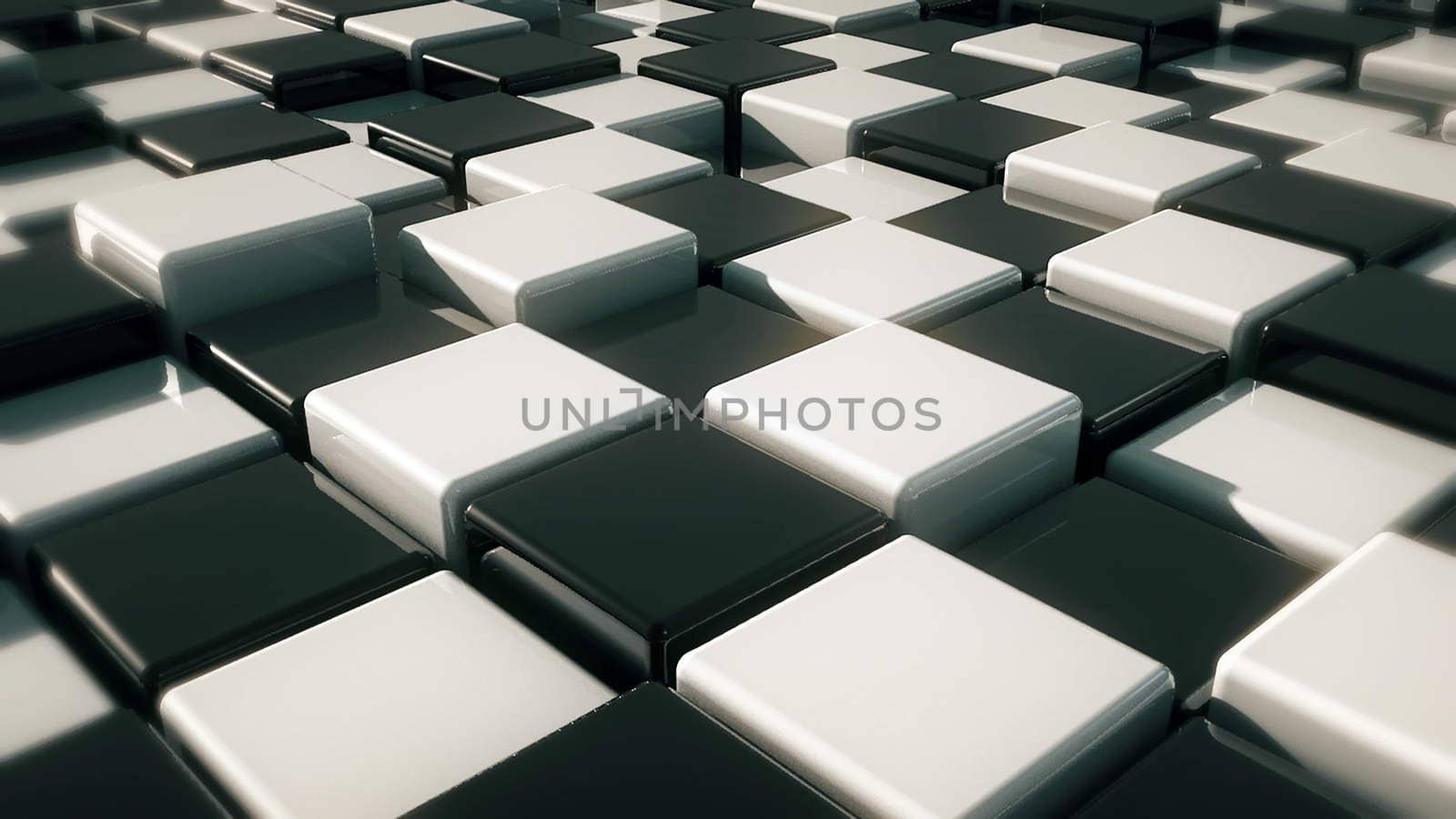 Realistic Movement of cubes. Futuristic background with black and white cubes. Cubes with reflection. Seamless loop