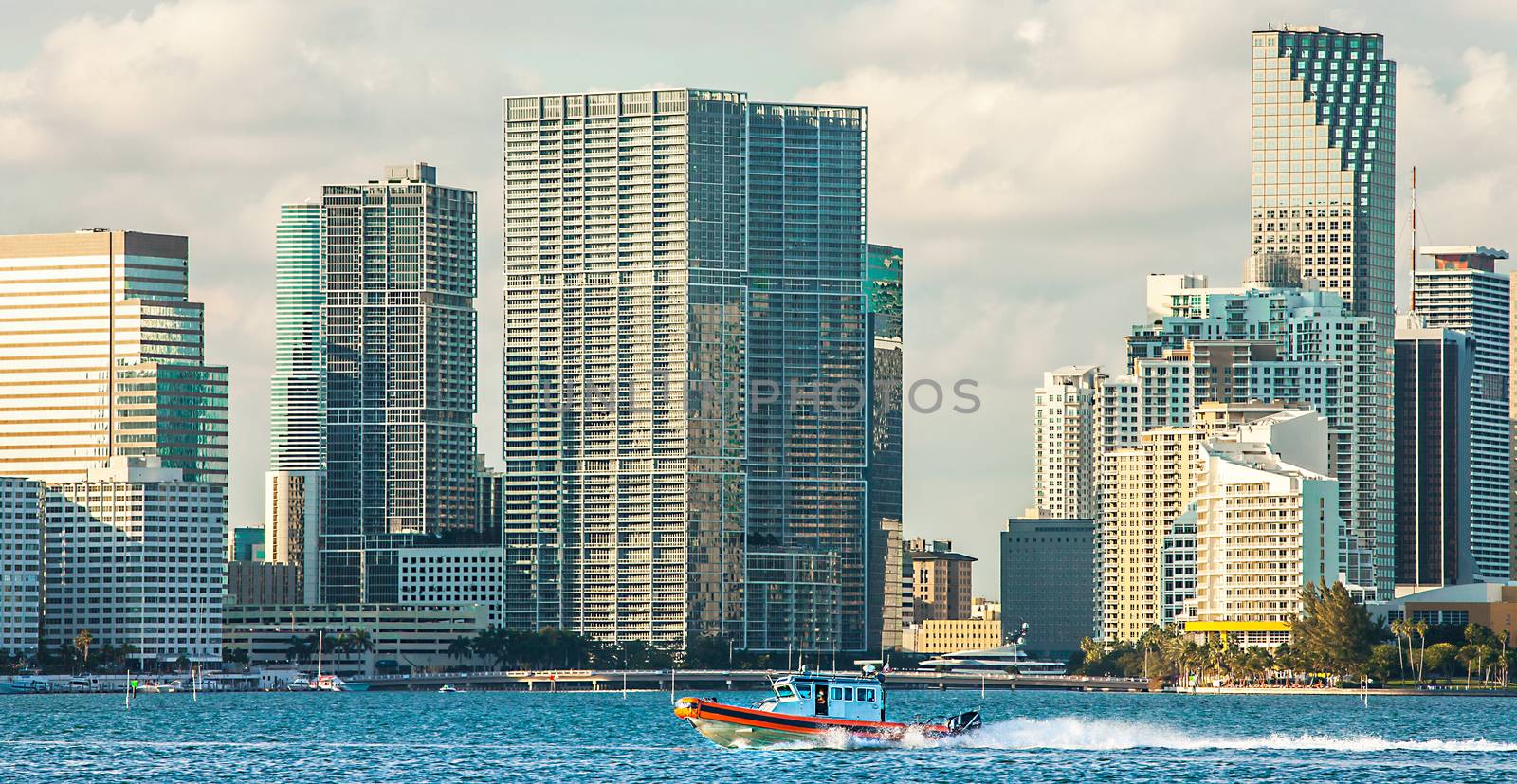 Boat of the Coast Guard in front of the skyline of Miami Florida by Makeral