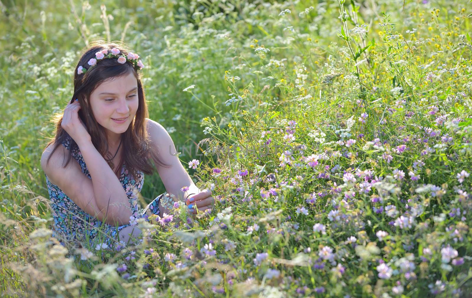 Girl  in summer field with flowers in hair