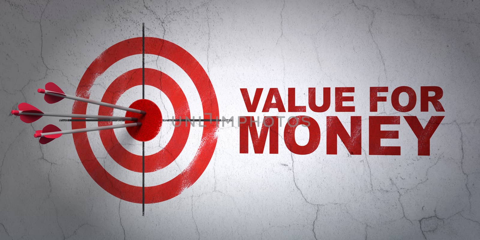 Success money concept: arrows hitting the center of target, Red Value For Money on wall background, 3D rendering