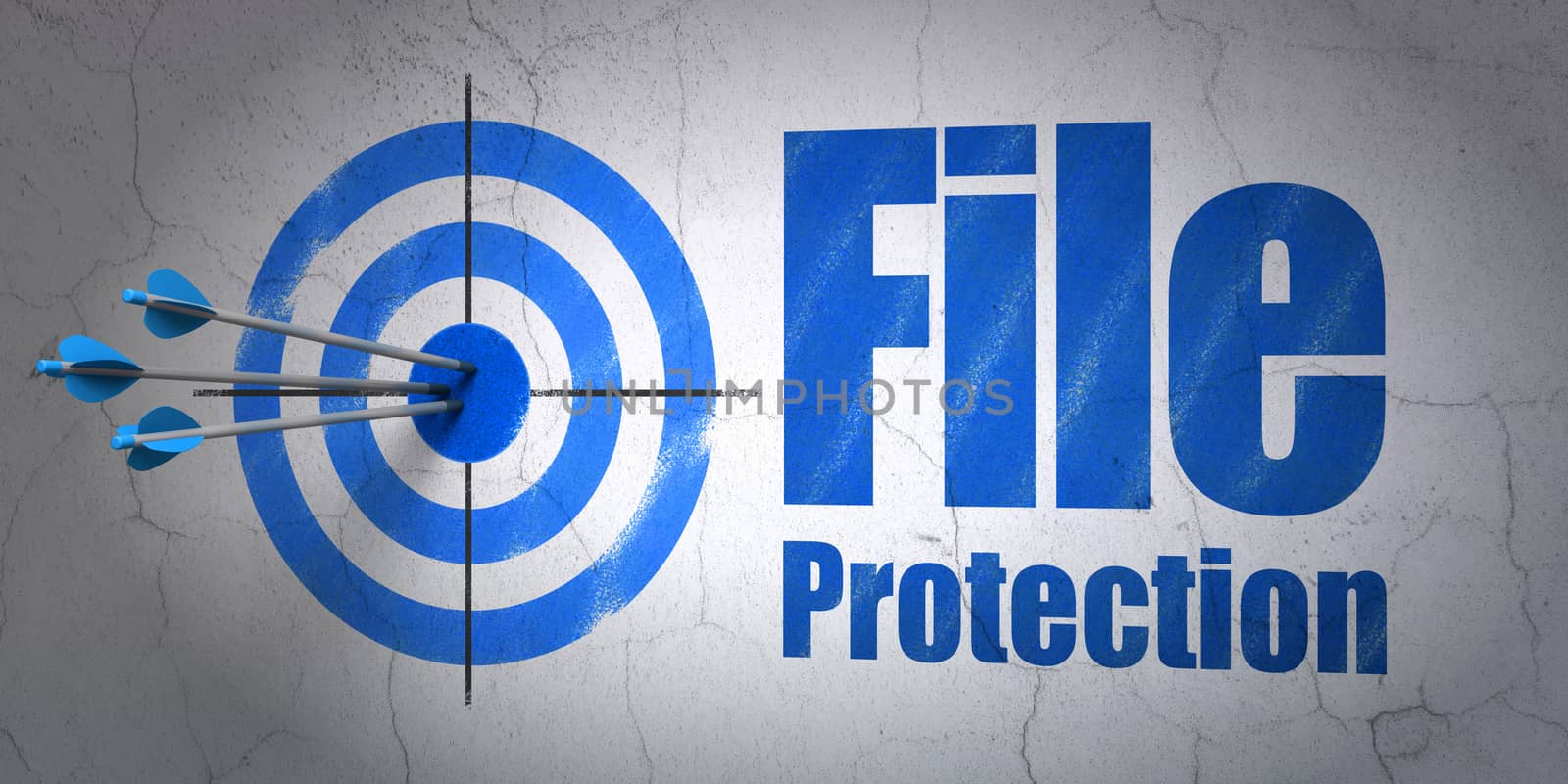 Success security concept: arrows hitting the center of target, Blue File Protection on wall background, 3D rendering