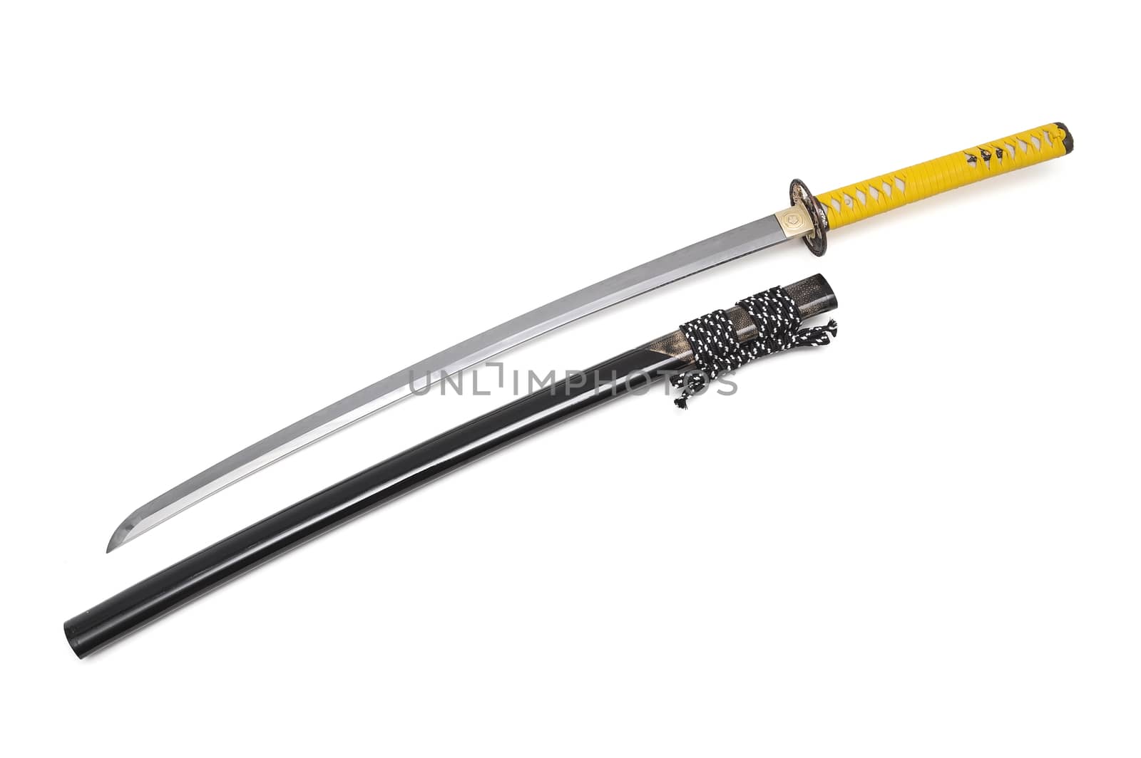 Japanese sword and scabbard on white background wrapped handle by yellow leather  and ray skin on scabbard