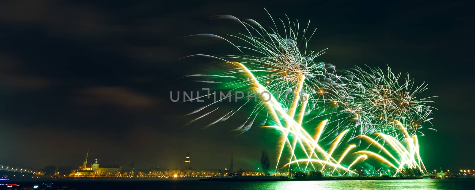 Colored New Year fireworks in centre of Riga