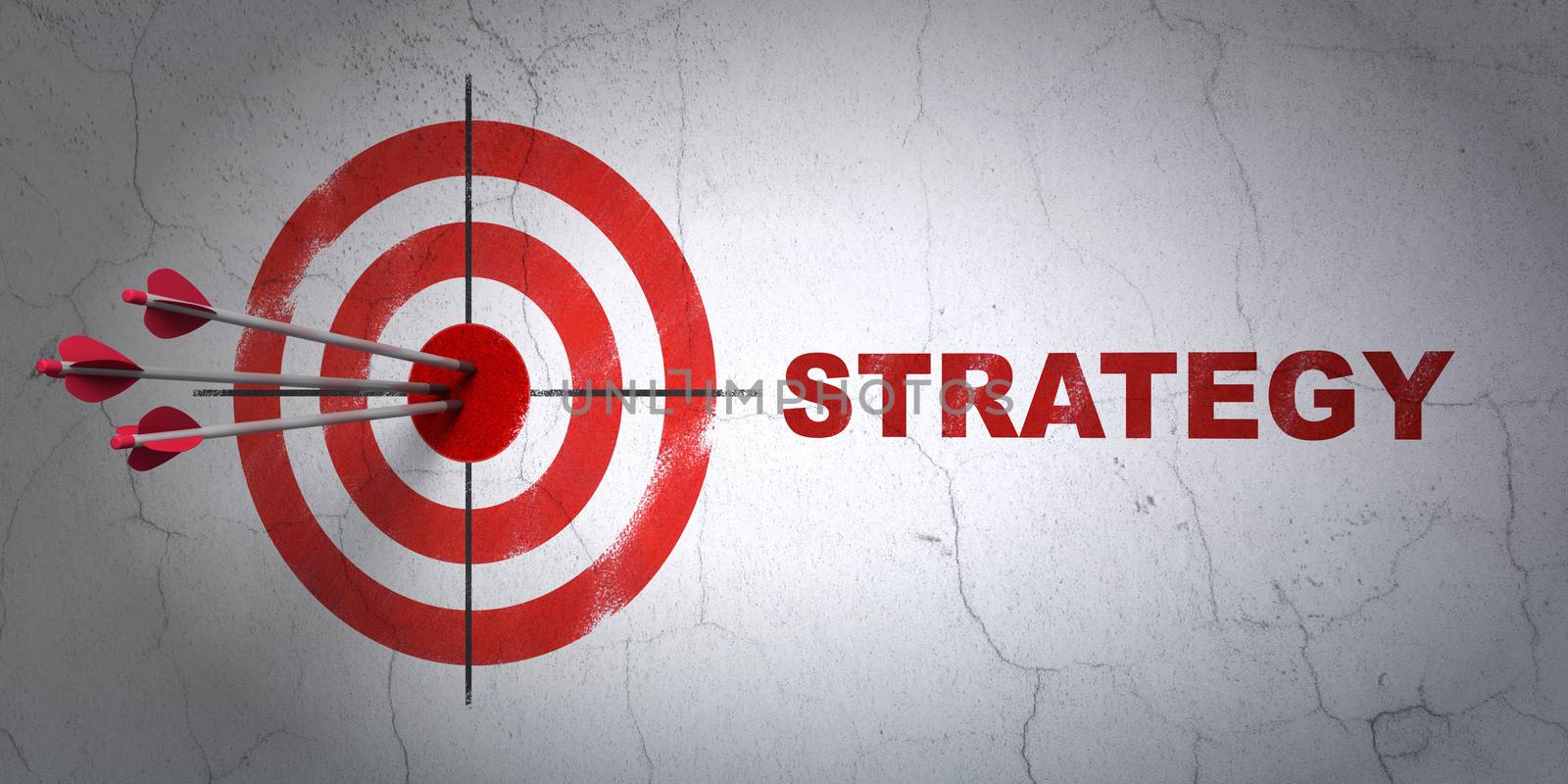 Success finance concept: arrows hitting the center of target, Red Strategy on wall background, 3D rendering