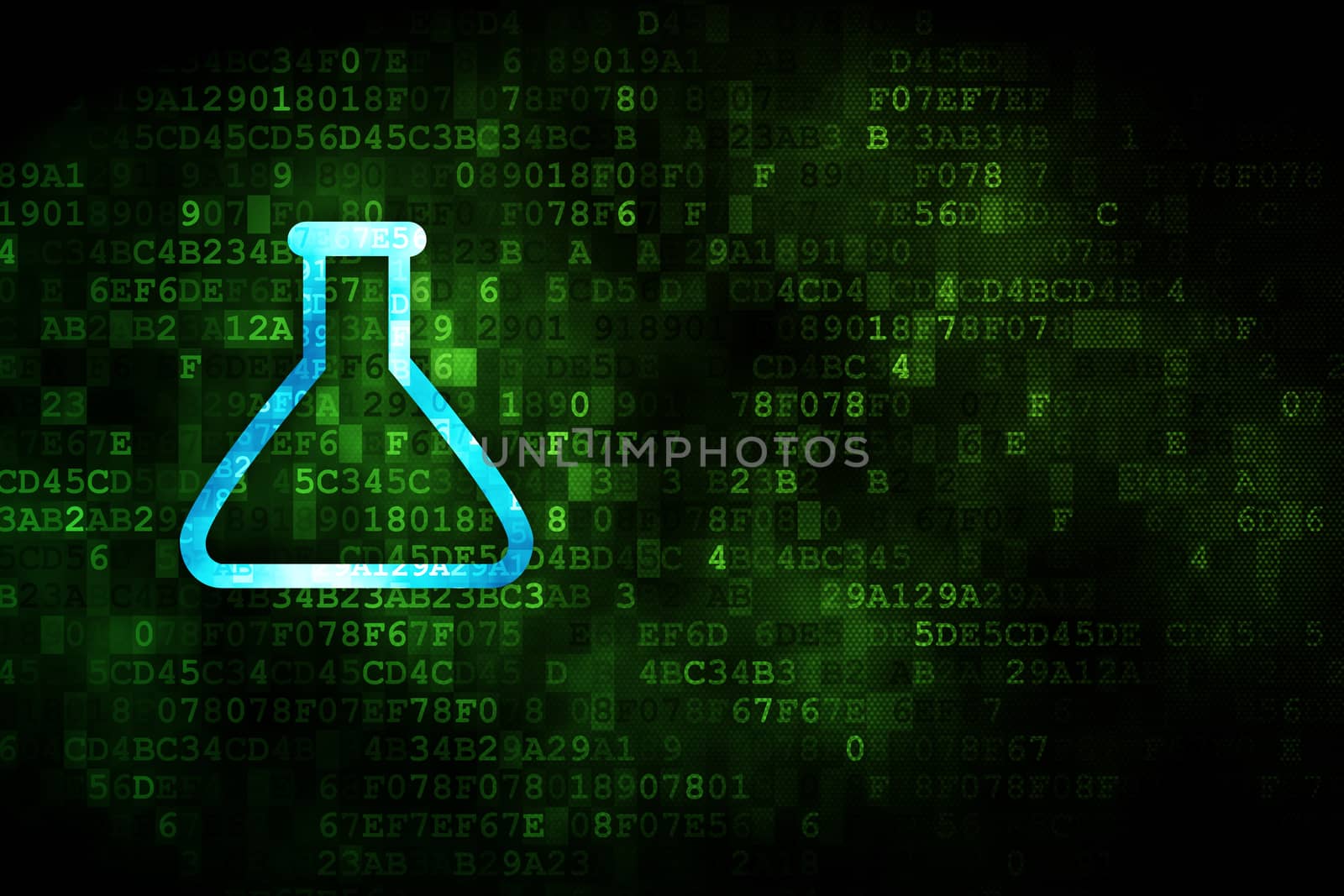 Science concept: pixelated Flask icon on digital background, empty copyspace for card, text, advertising