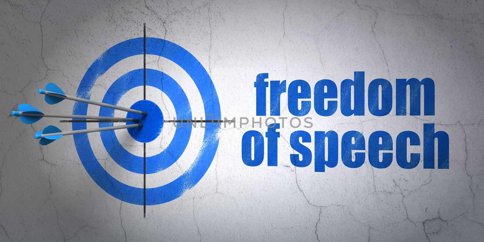 Success political concept: arrows hitting the center of target, Blue Freedom Of Speech on wall background, 3D rendering