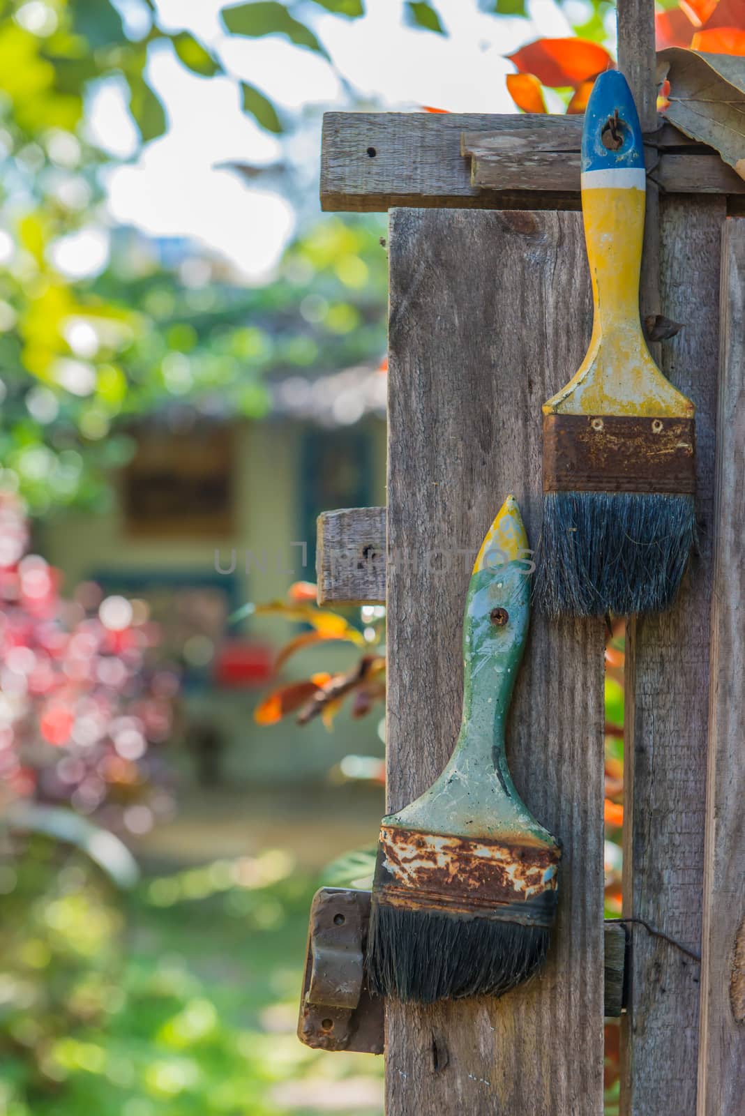 Old paint brush on wooden door decorate in the garden.