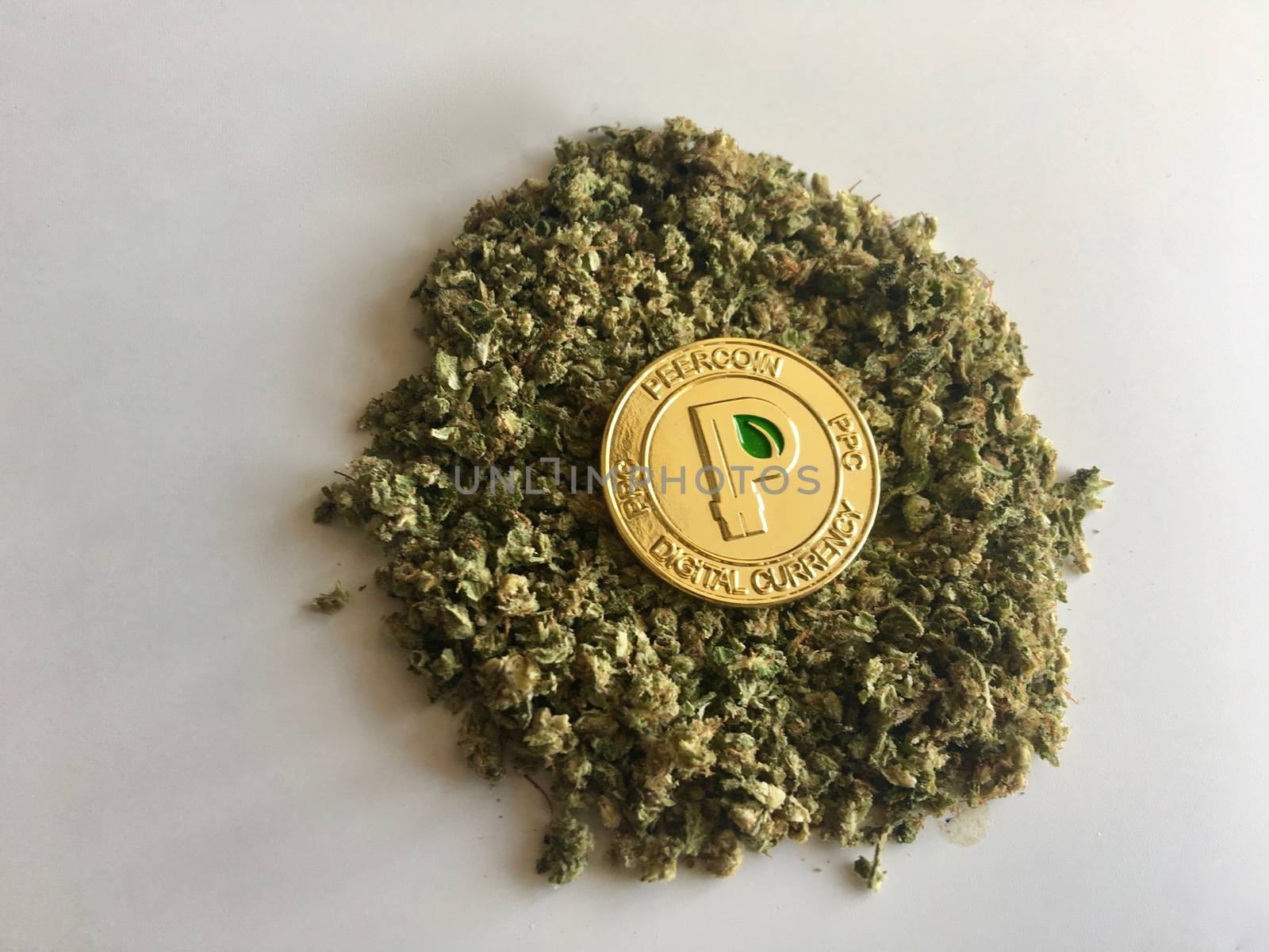 Digital currency physical gold peercoin coin with leaf on the marijuana.