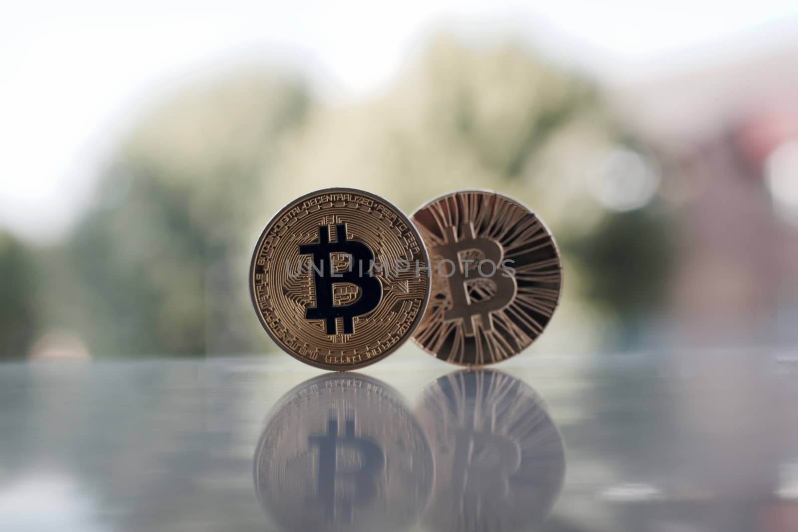 Digital currency two physical gold bitcoin coins on the table near the window.
