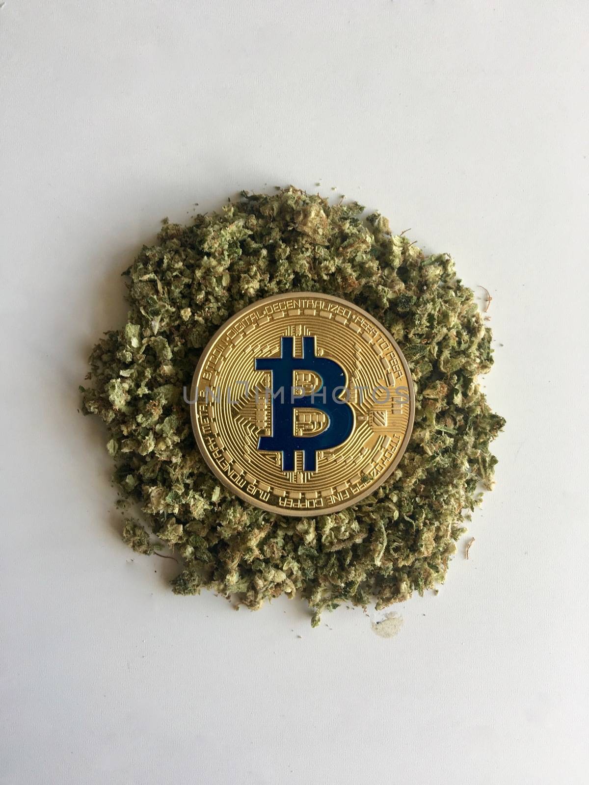 Digital currency physical gold bitcoin coin on dry weed