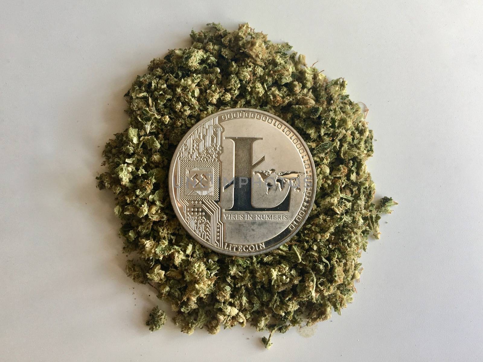 Digital currency physical silver litecoin coin on the marijuana