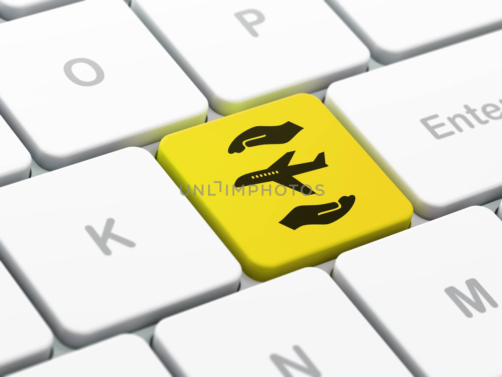 Insurance concept: computer keyboard with Airplane And Palm icon on enter button background, selected focus, 3D rendering