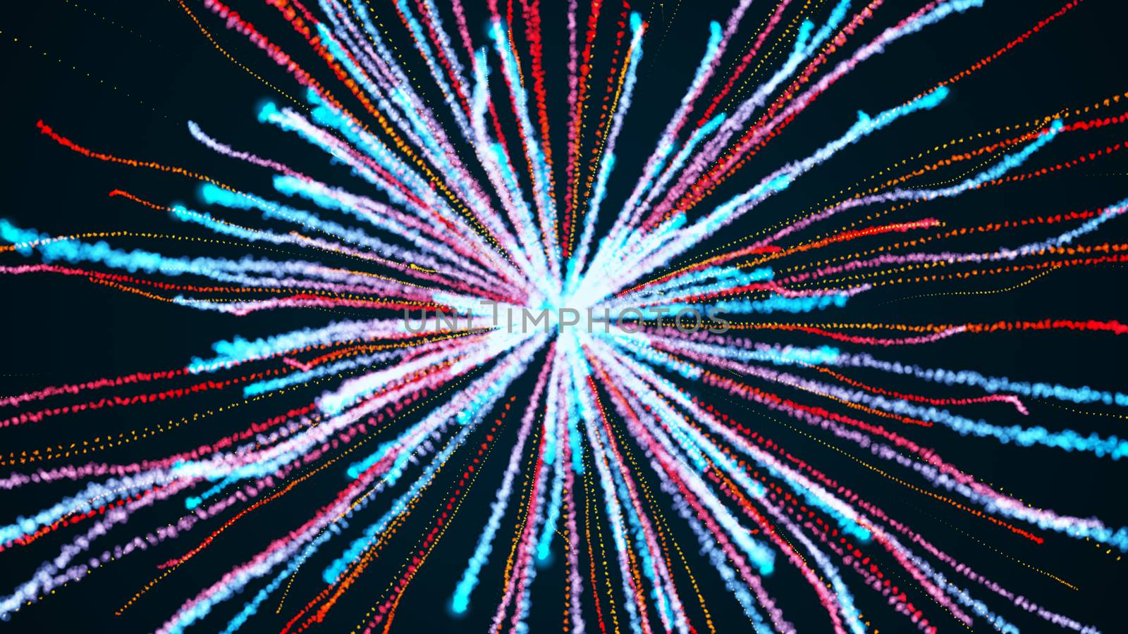 Explosion of particles. Festive fireworks. 3d render