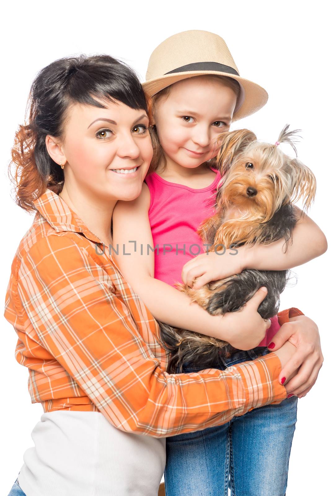 happy parent family and a puppy Yorkshire Terrier on a white background