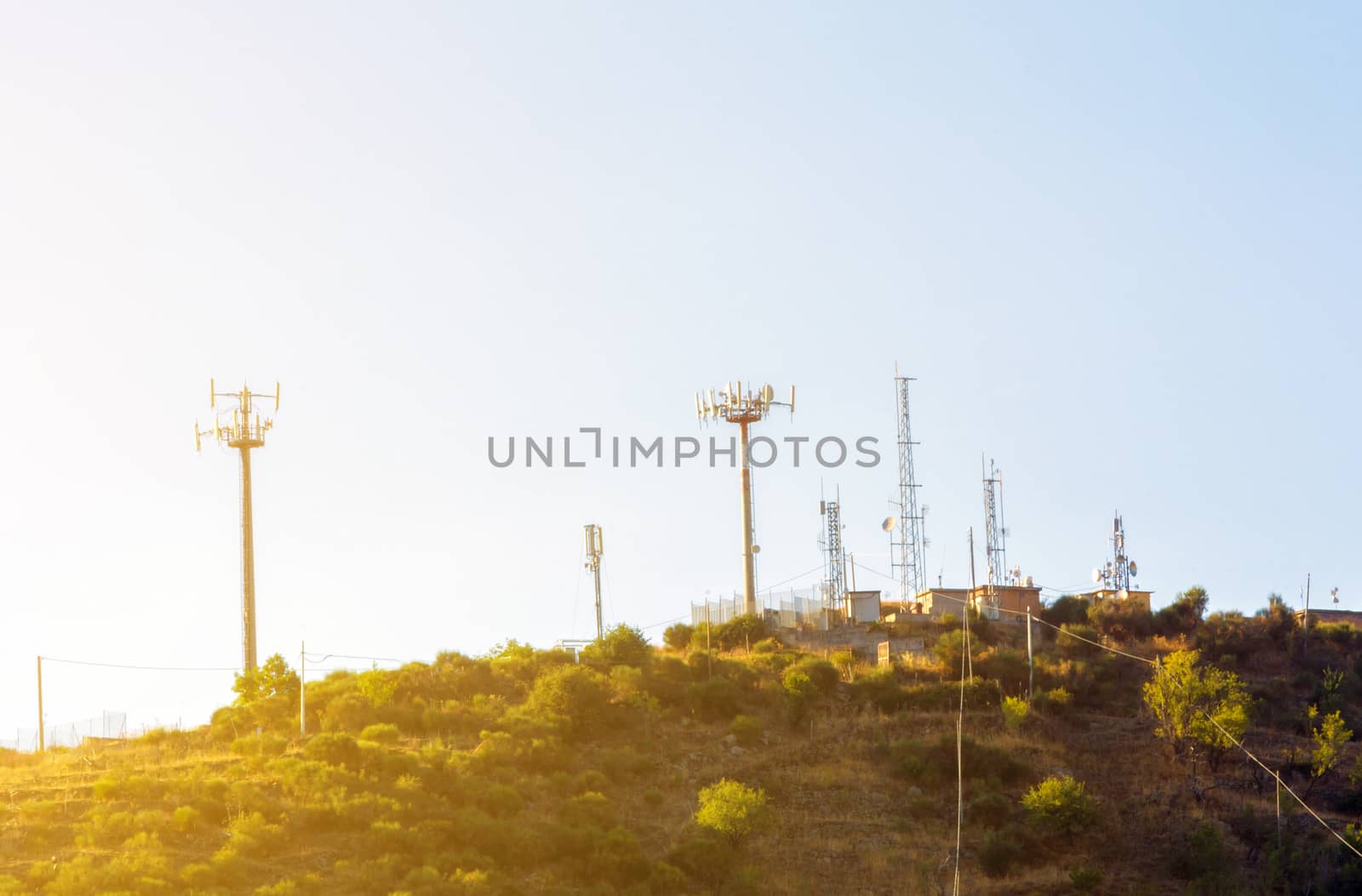 Antennas of radio and telephone communication on the top of the hill.