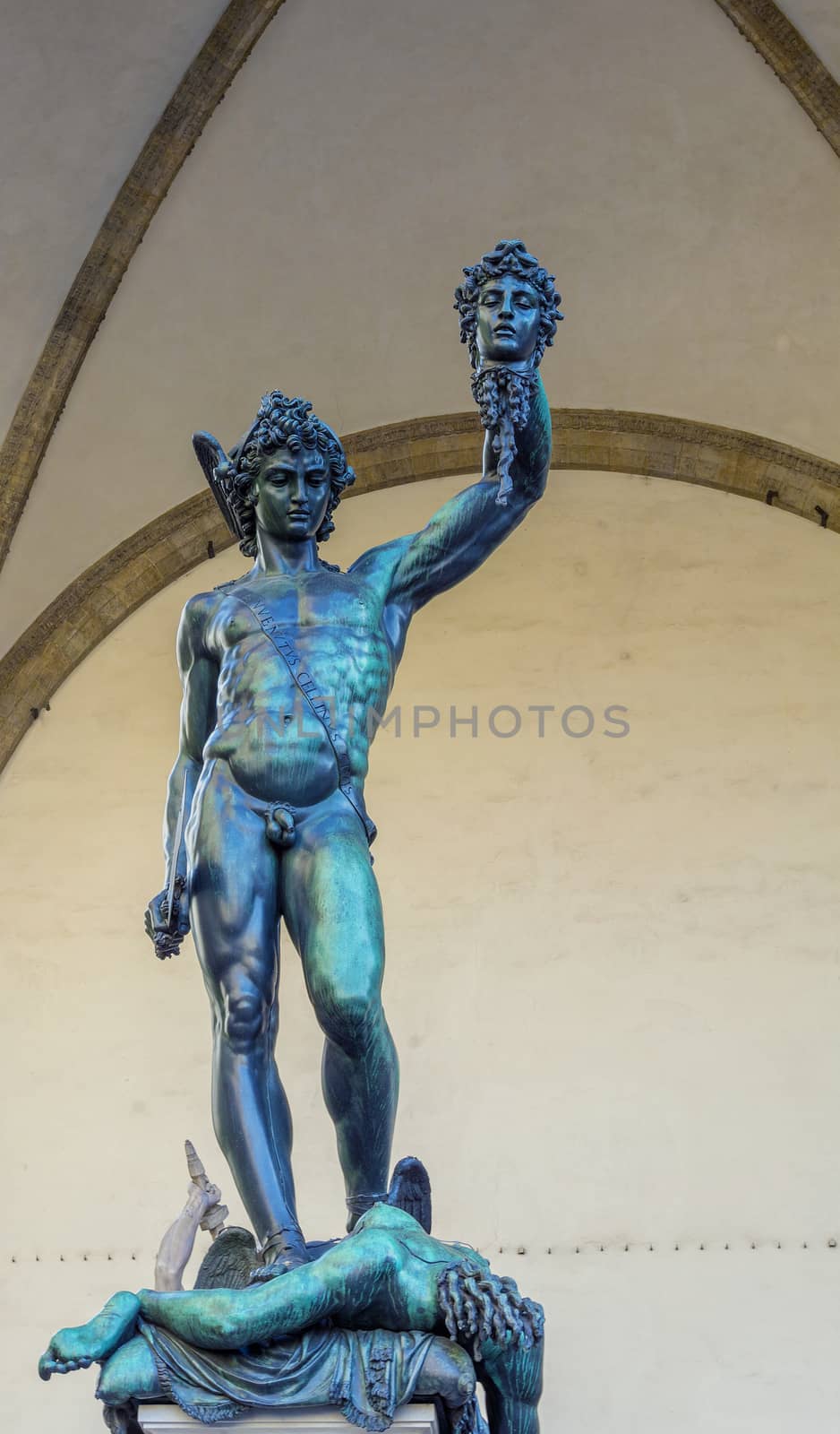 The bronze sculpture of Perseus with the Head of Medusa  made by Benvenuto Cellini in 1545.It is located in the Loggia dei Lanzi of the Piazza della Signoria.
