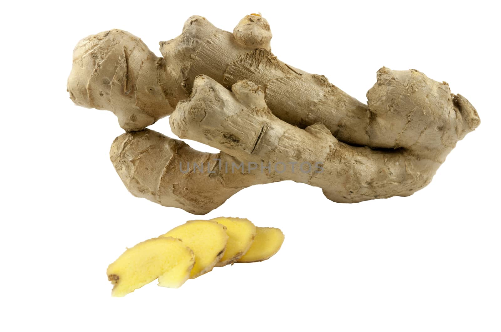 Ginger root with cut pieces