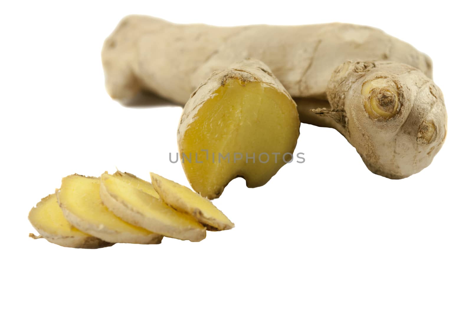 Ginger root with cut pieces