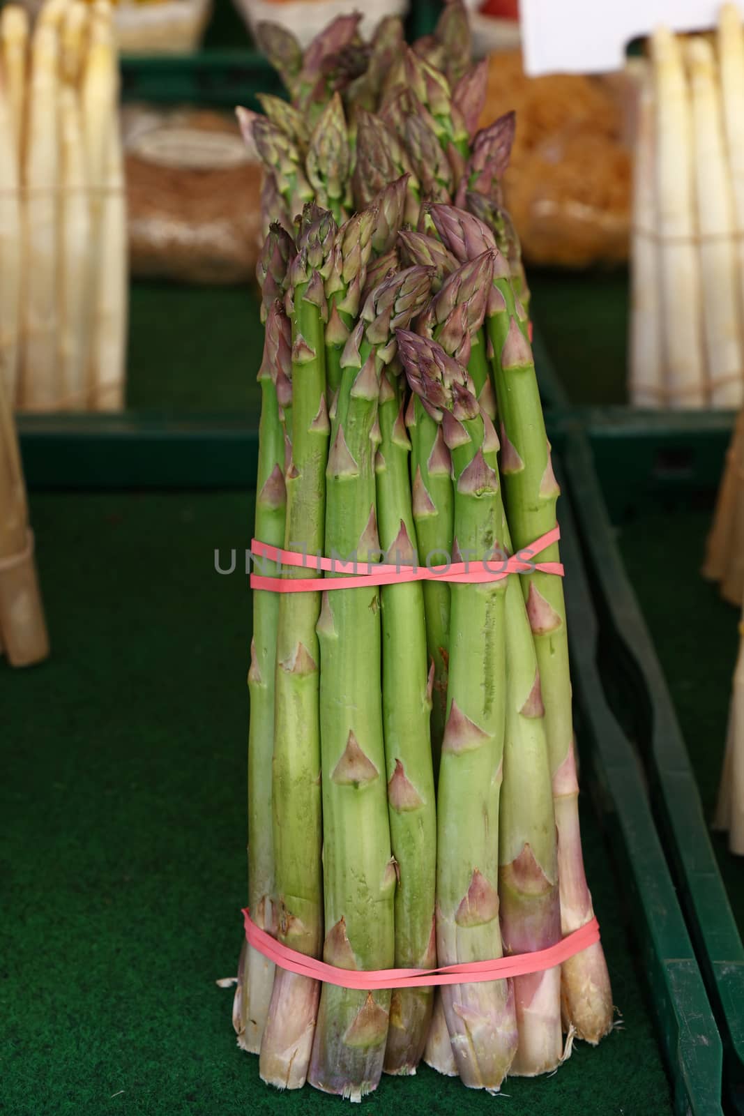 Bundle bunch of fresh green garden asparagus shoots close up, elevated high angle view