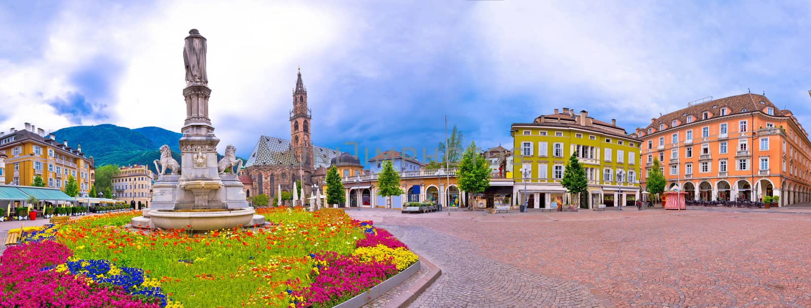 Bolzano main square Waltherplatz panoramic view, South Tyrol region of Italy