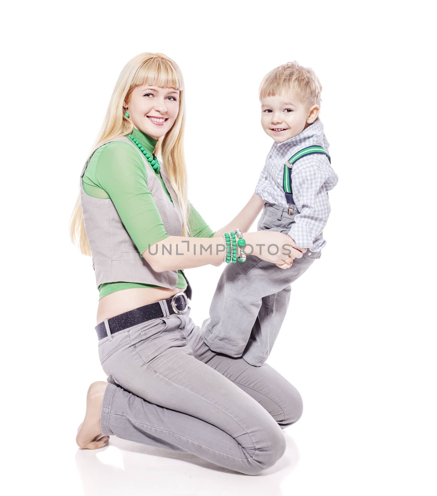 Mother playing with son isolated on white