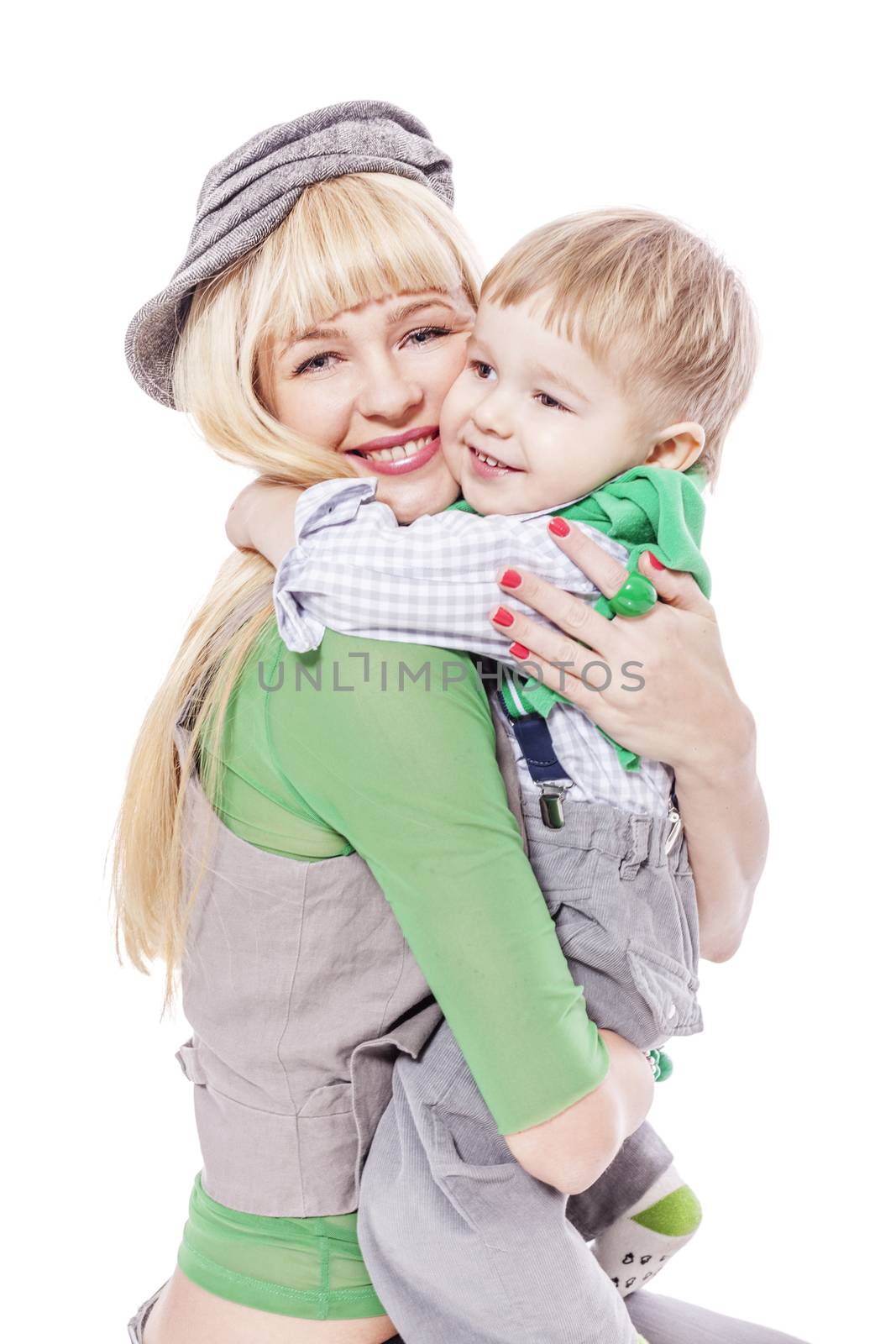 Boy hugging mom tight isolated on white