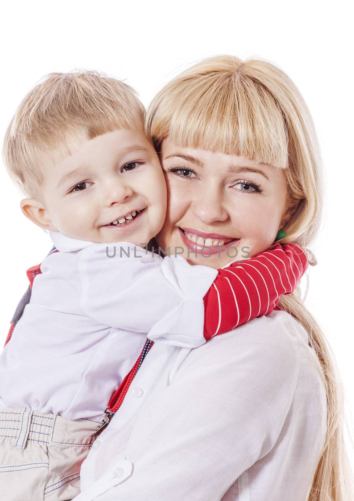 Boy hugging mom tight isolated on white
