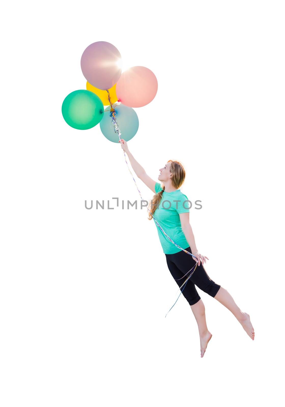 Young Girl Being Carried Up and Away By Balloons That She Is Holding Isolated On A White Background.