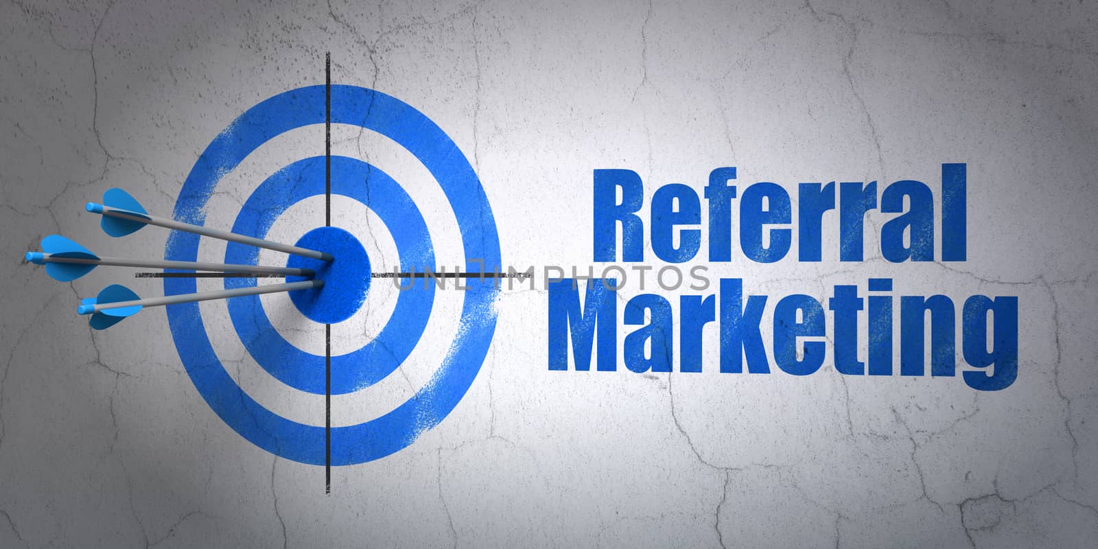 Success marketing concept: arrows hitting the center of target, Blue Referral Marketing on wall background, 3D rendering