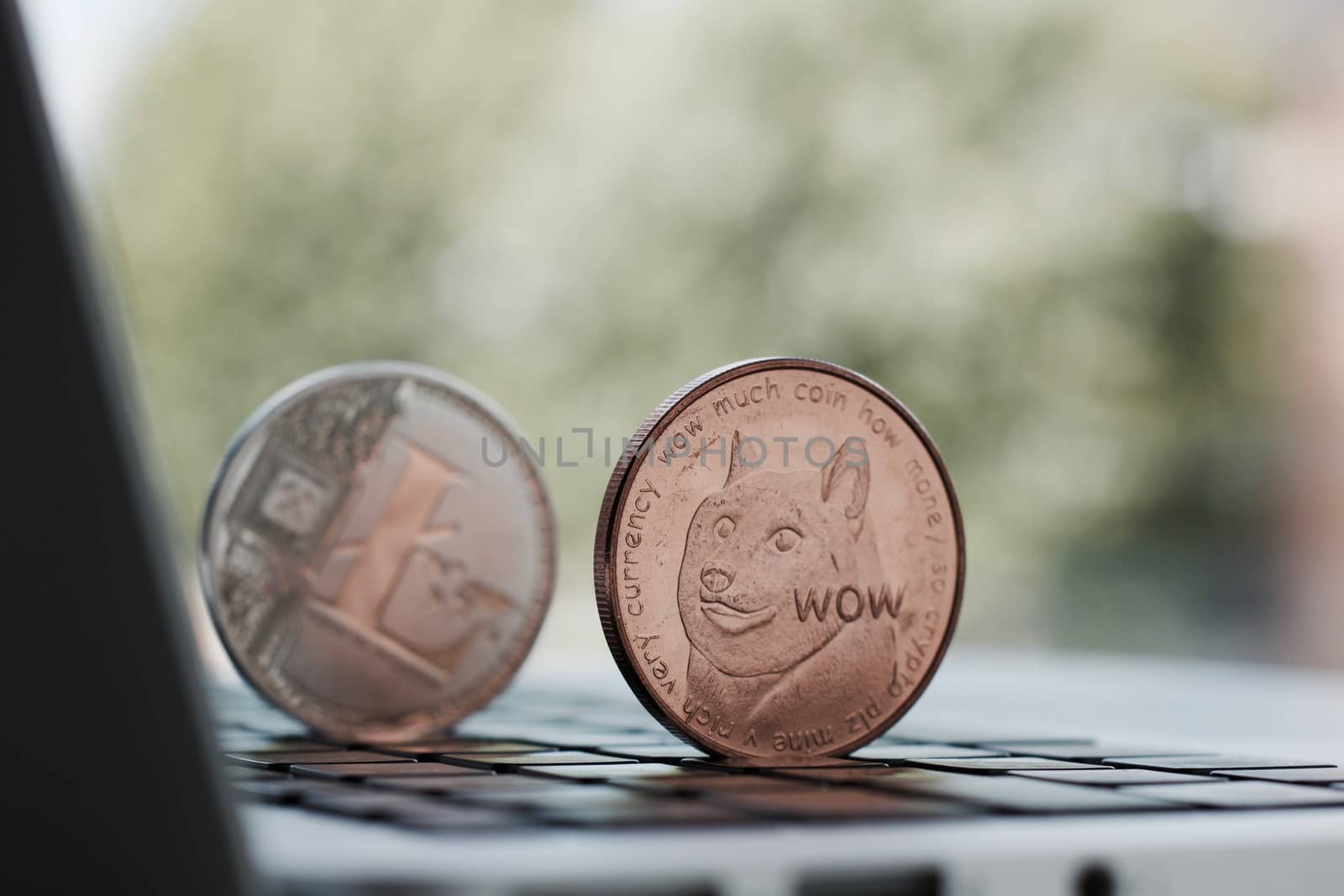 Cryptocurrency physical brass dogecoin coin and silver Litecoin in the background near window.