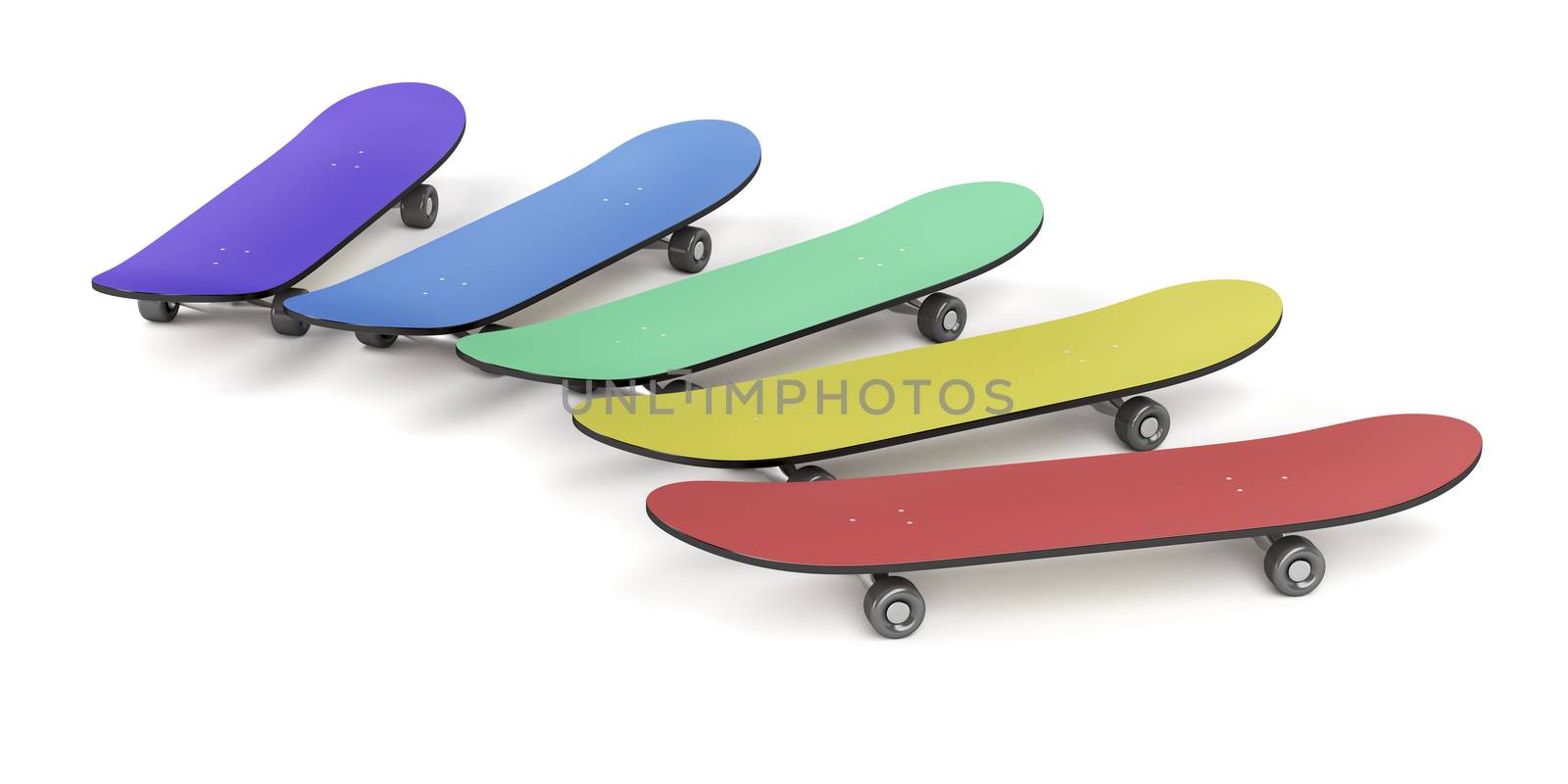 Group of skateboards with different colors on white background 