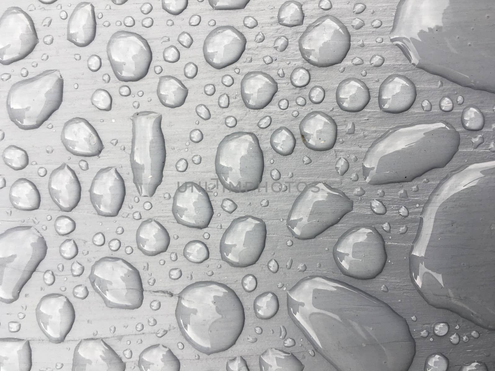 rain drops on on grey wooden bench 