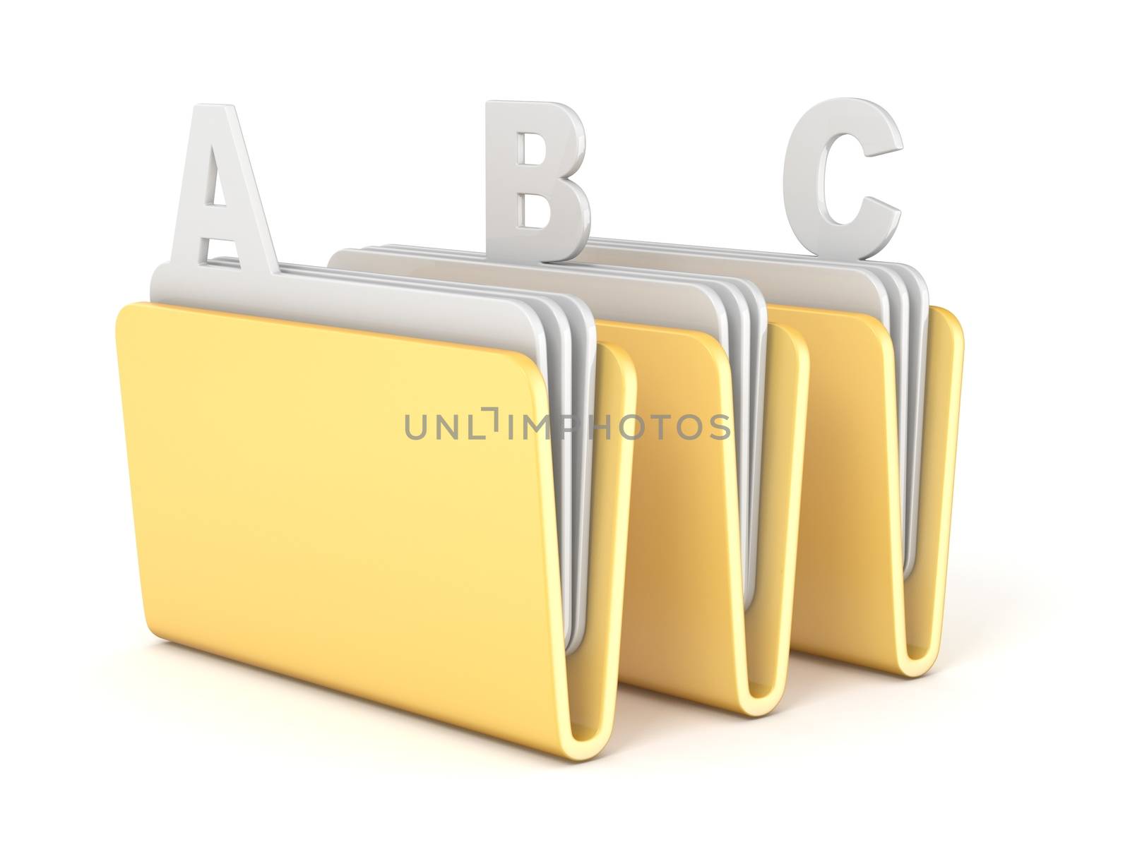 Three computer folder with ABC files 3D render illustration isolated on white background