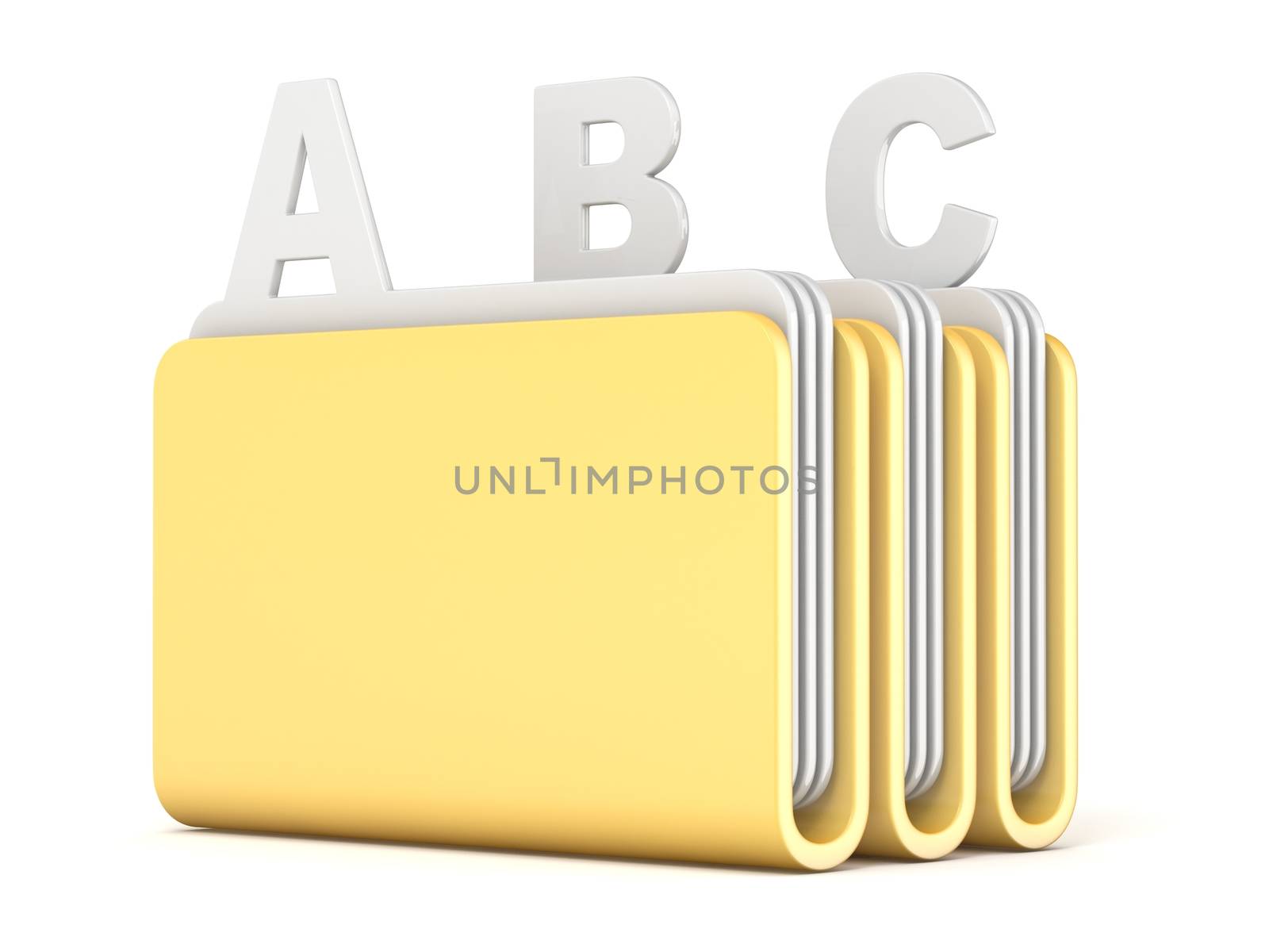 Three computer folders with ABC files 3D render illustration isolated on white background