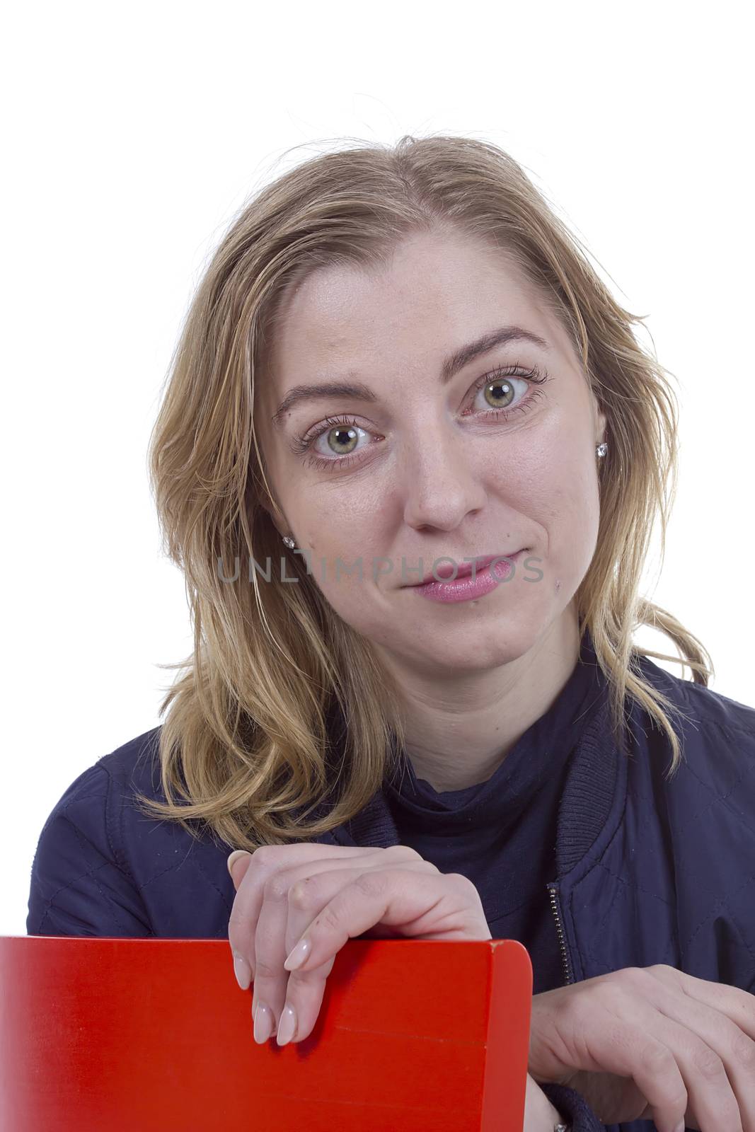 Portrait of a young blond woman on a white background