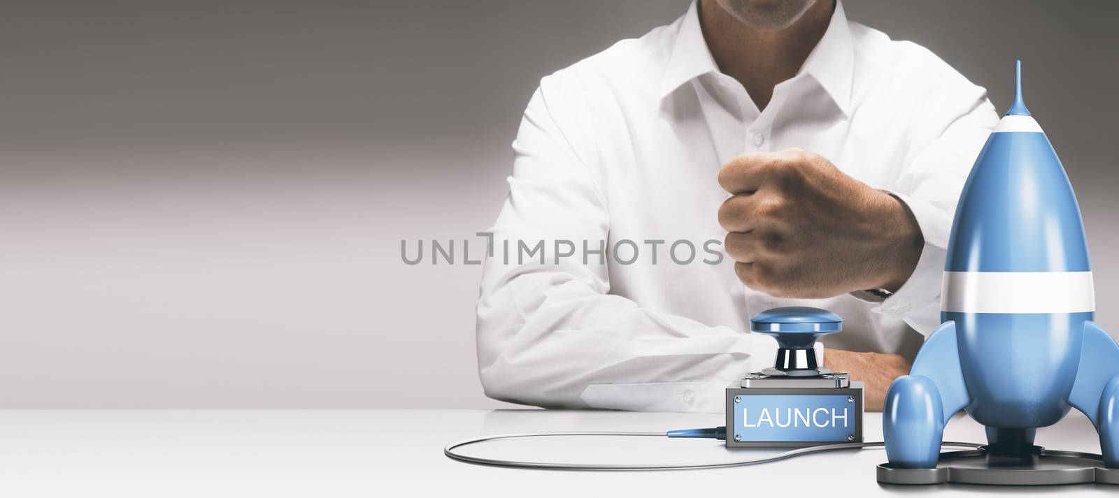 Man about to press a push button to launch a spaceship. Advertising concept of launching a new product or service. Composite between a 3D image and a photography background.