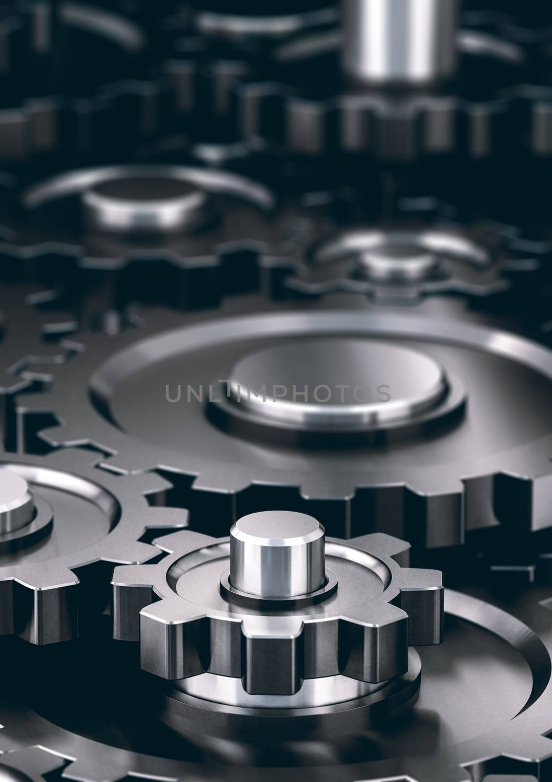 3D illustration of many cogwheels with focus on the foreground and blur effect, vertical image.