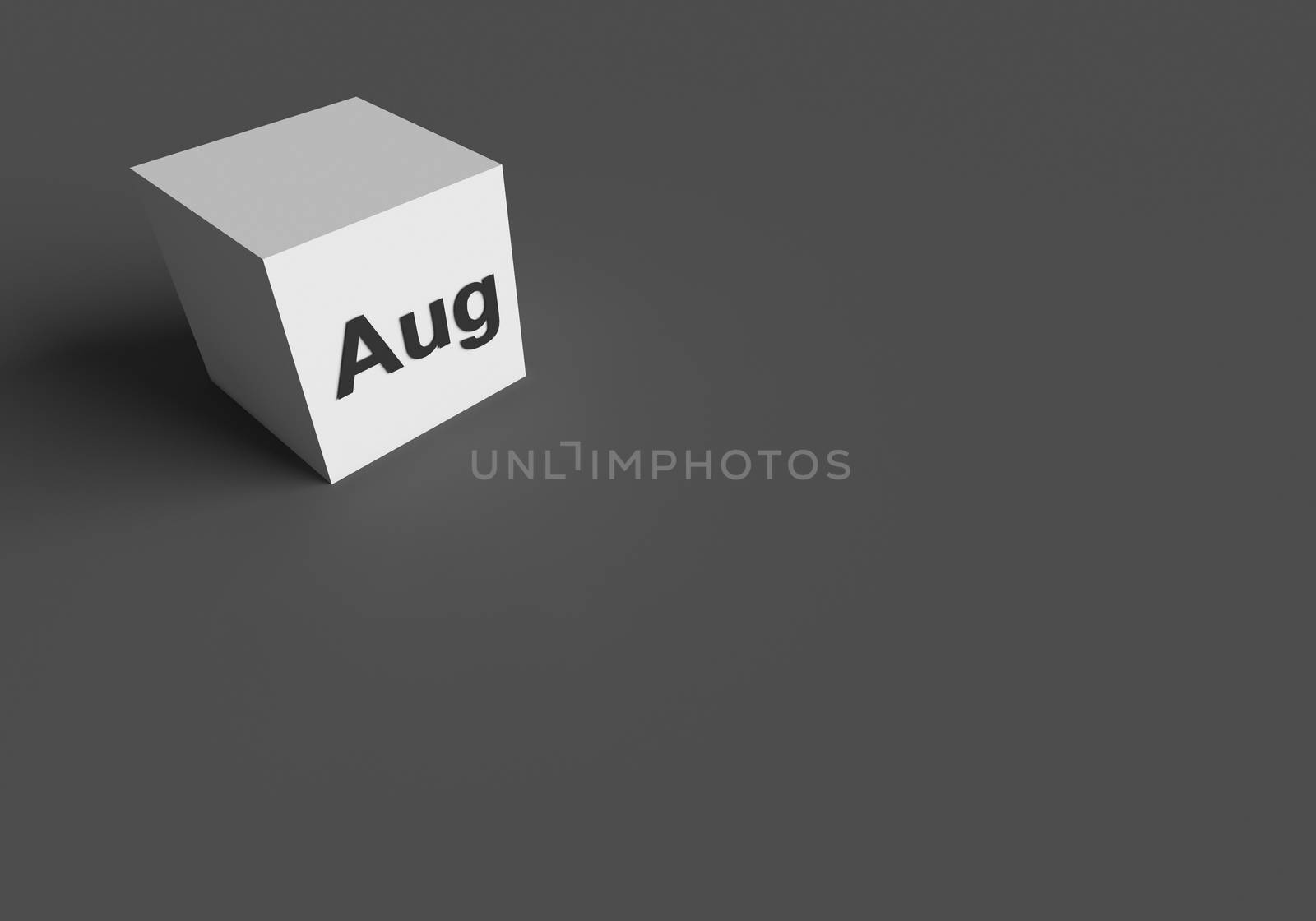 3D RENDERING OF "Aug" (ABBREVIATION OF AUGUST) ON WHITE CUBE, STOCK PHOTO