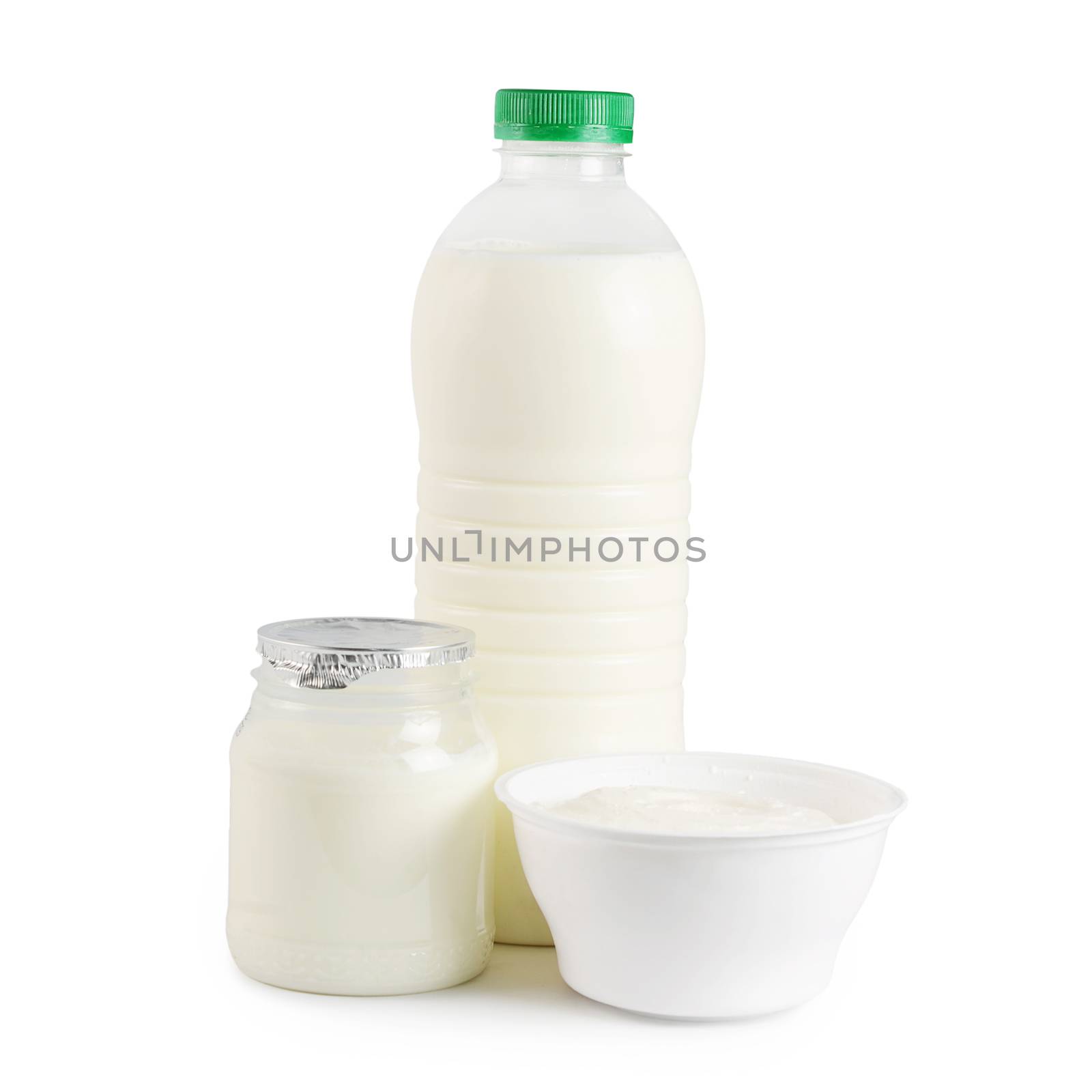 Milk, yogurt, and Ricotta isolated on white