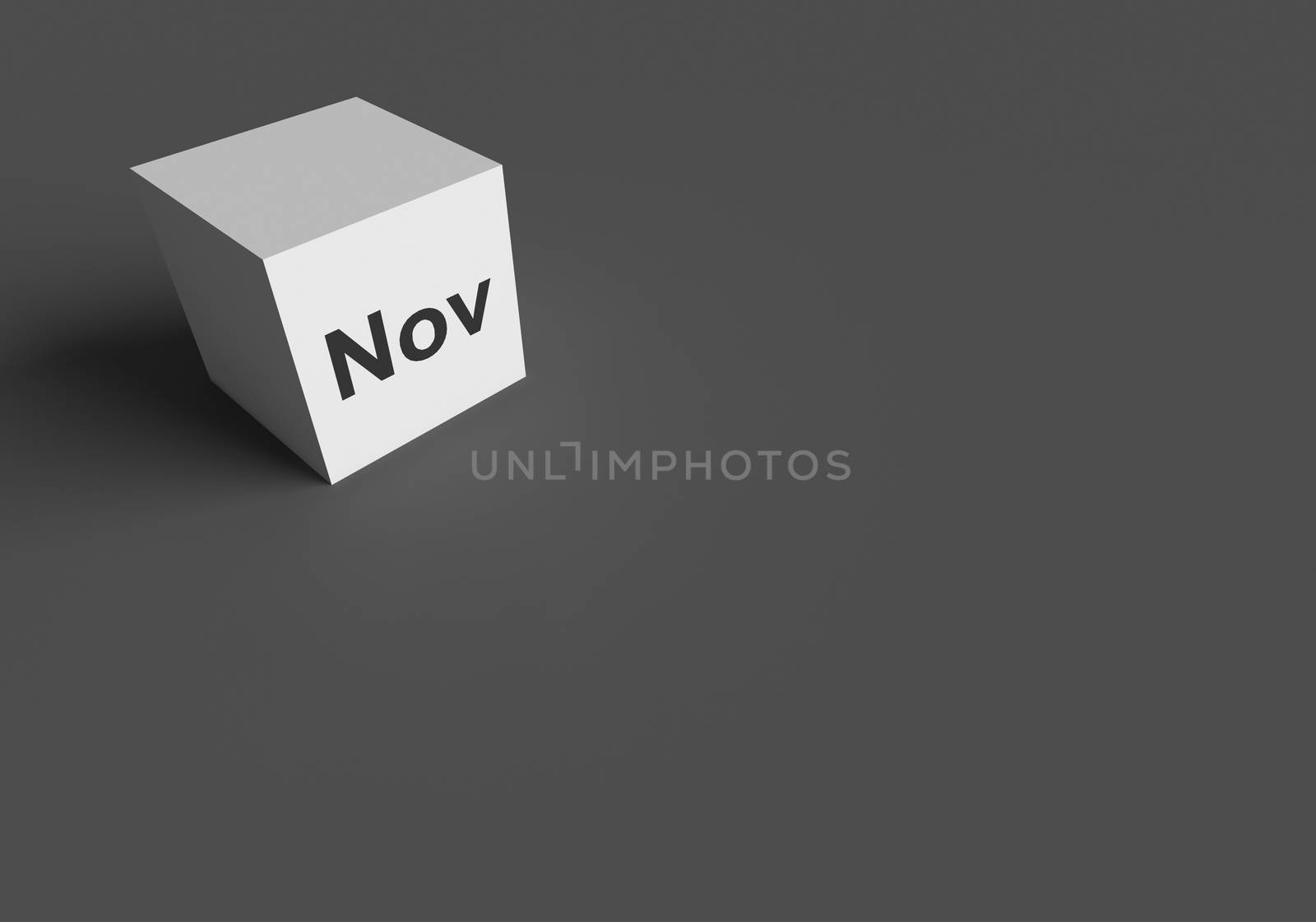 3D RENDERING OF "Nov" (ABBREVIATION OF NOVEMBER) ON WHITE CUBE, STOCK PHOTO
