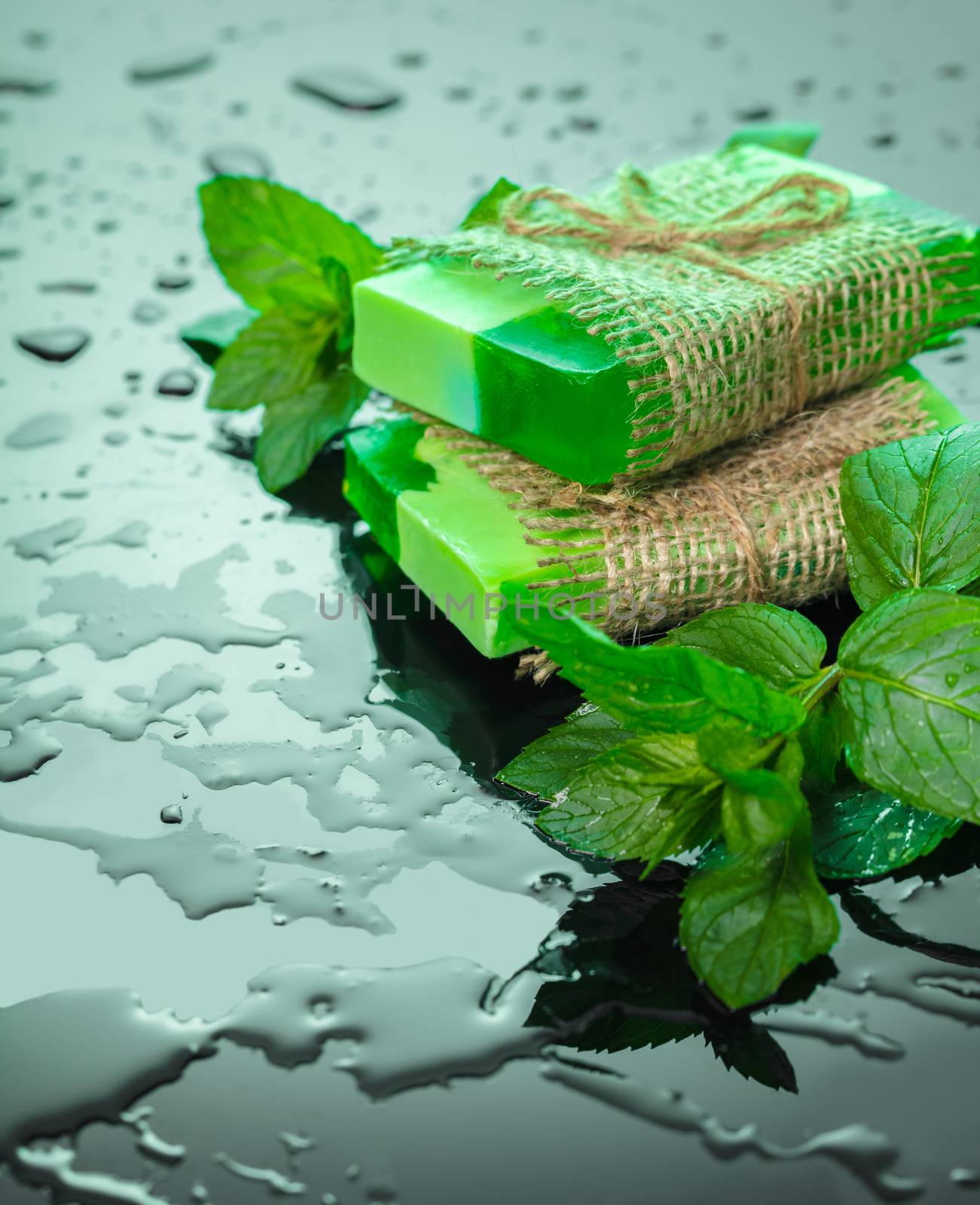 Handmade soap green with mint leaves  by MegaArt