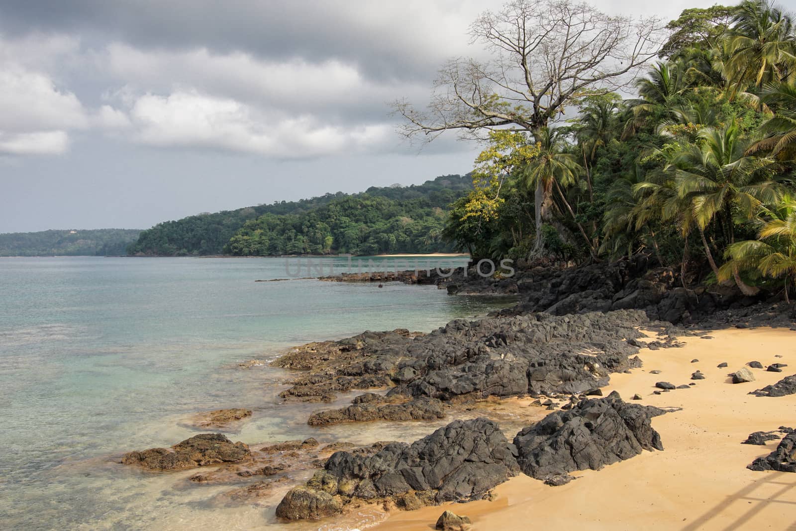 Praia Coco on an overcast day, Principe Island, Sao Tome and Principe, Africa