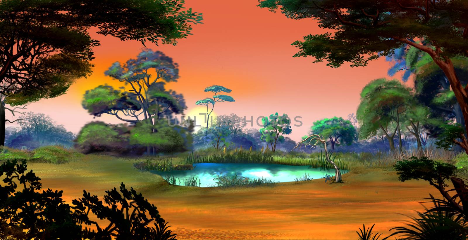 Idyllic View of the Small Pond on a Forest Glade Surrounded by Trees at Dawn. Digital Painting Background, Illustration in cartoon style character.