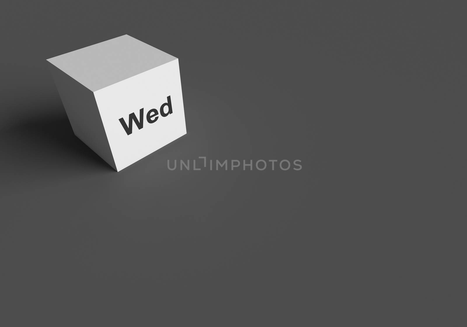 3D RENDERING OF Wed (ABBREVIATION OF WEDNESDAY) ON WHITE CUBE, STOCK PHOTO