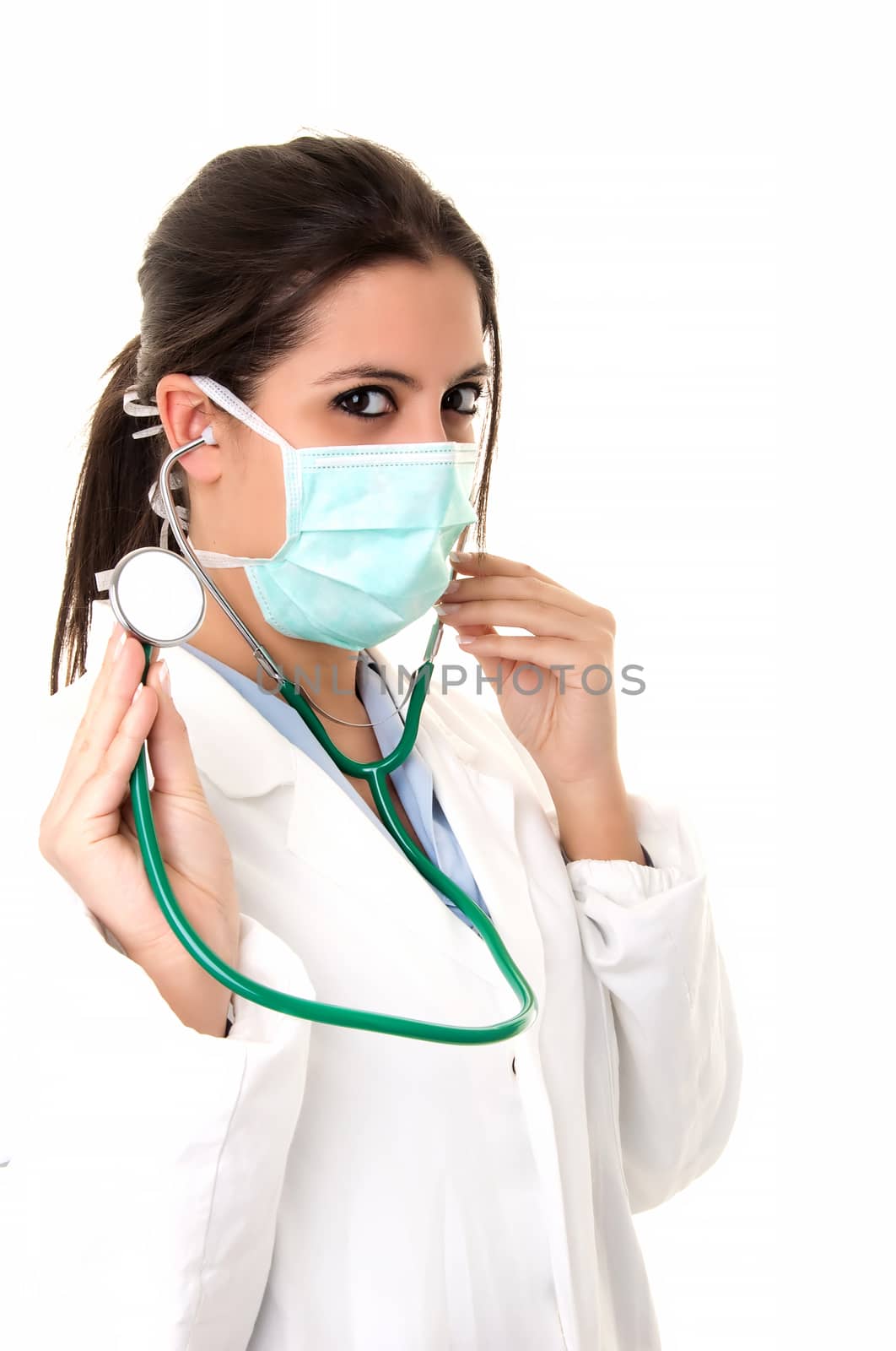 Young doctor with stethoscope on white background