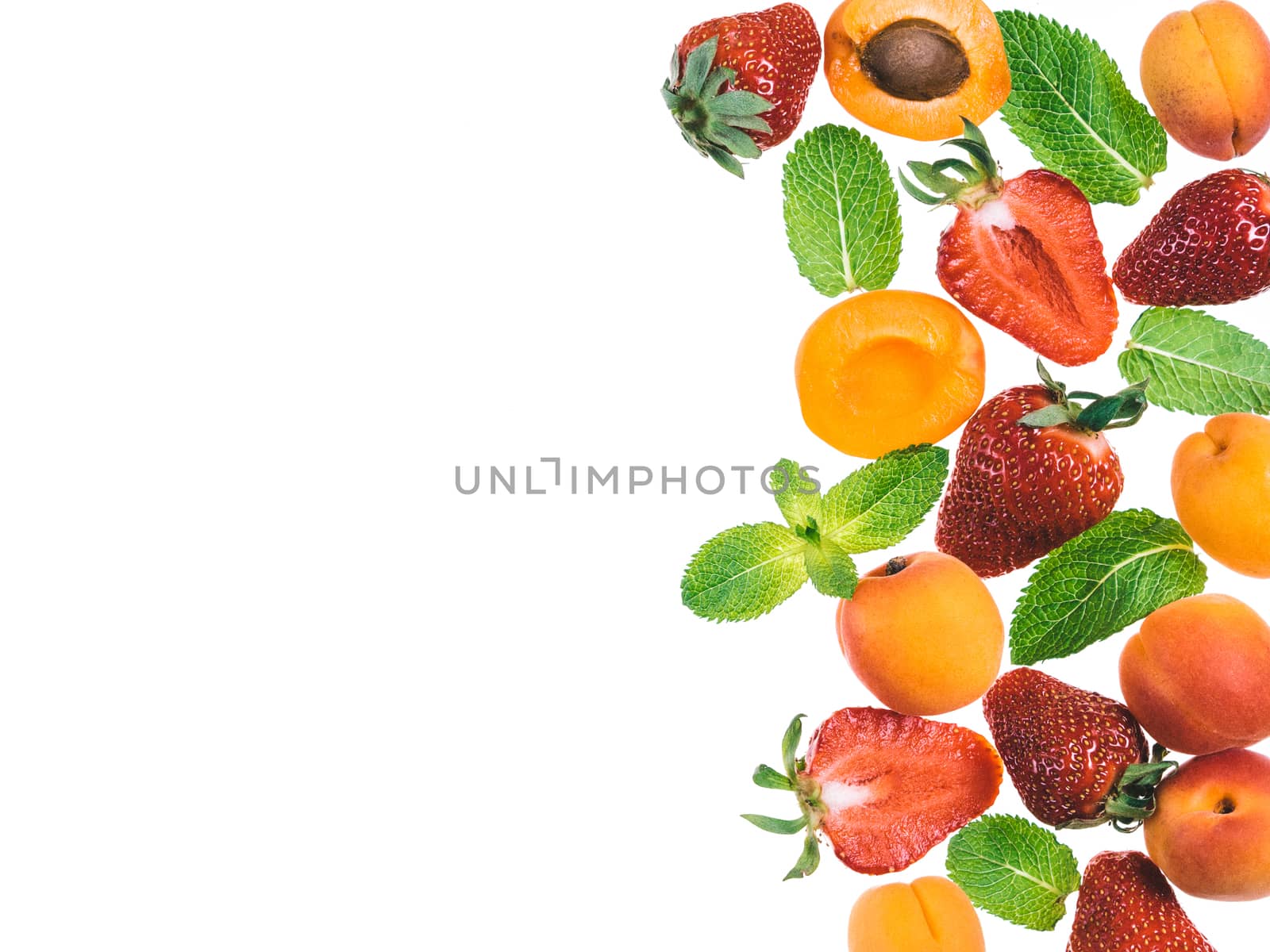 Apricot, strawberries and mint leaves isolated on white background with copy space. Food background, healthy food, superfood, diet, detox concept. Top view or flat lay Top view or flat lay
