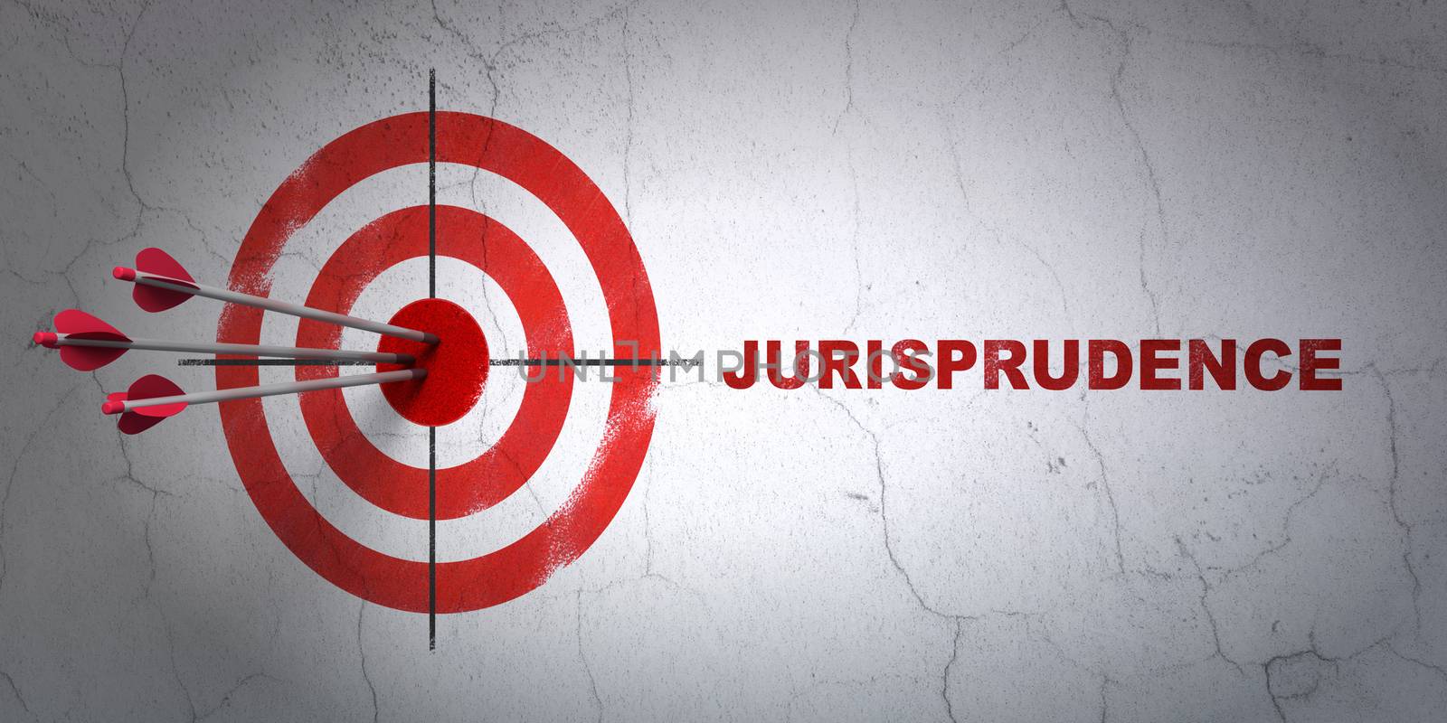 Success law concept: arrows hitting the center of target, Red Jurisprudence on wall background, 3D rendering