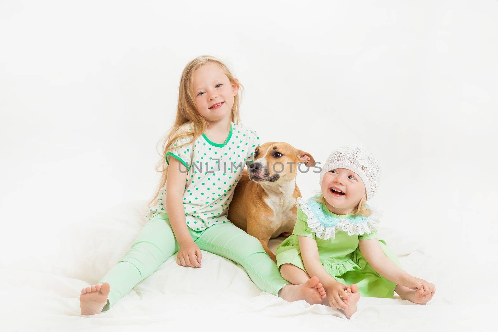 two little girls and dog on the isolated background