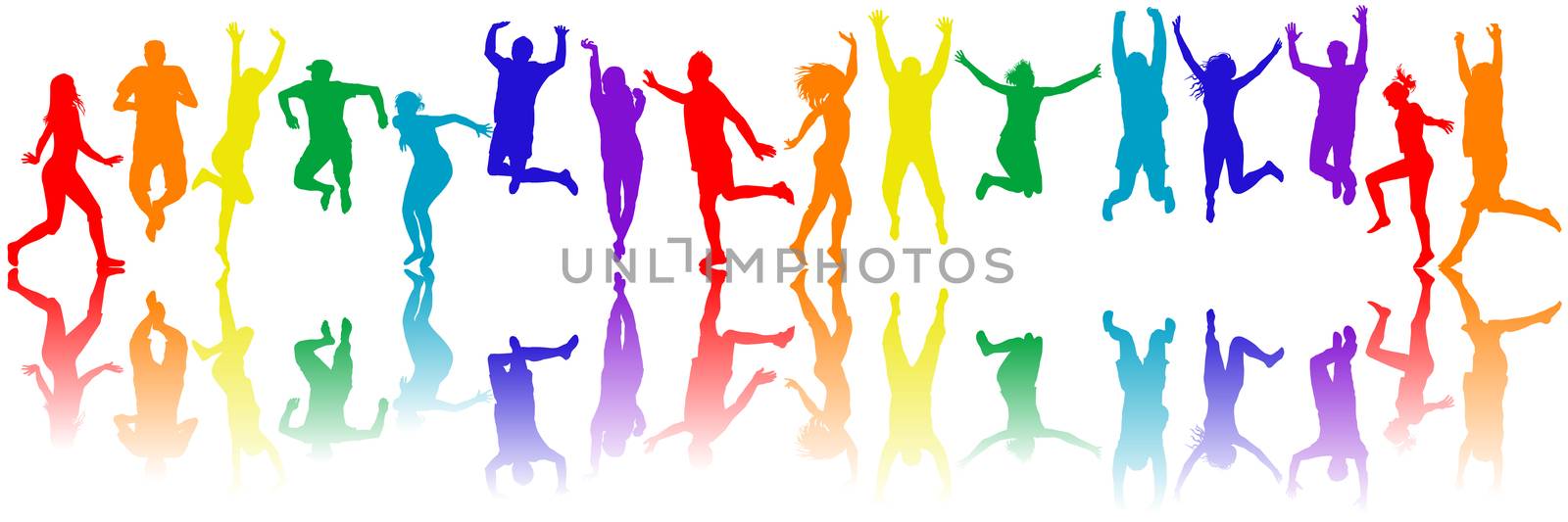 Colorful men and women silhouettes jumping