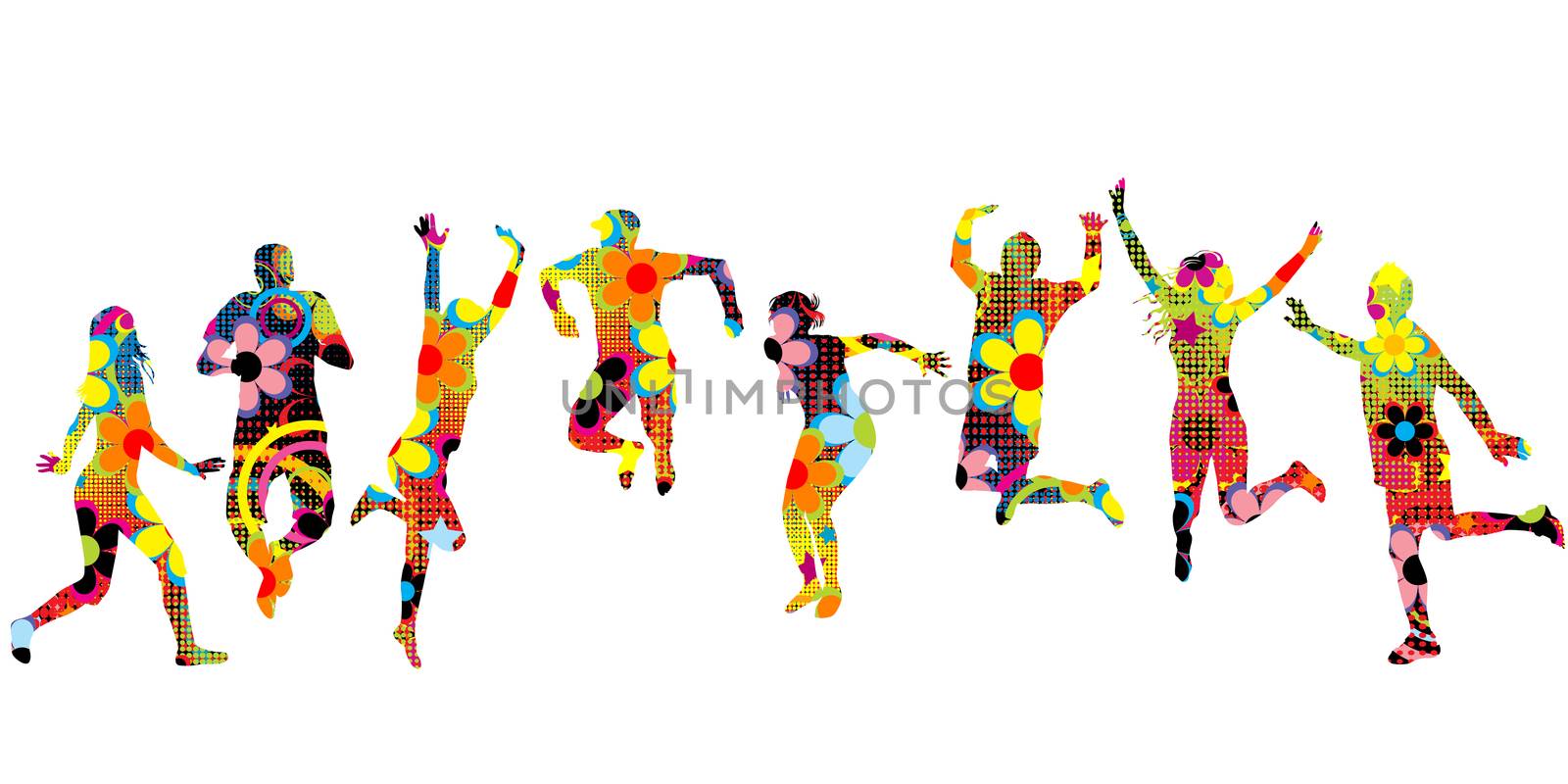 Floral patterned silhouettes of women and men jumping by hibrida13